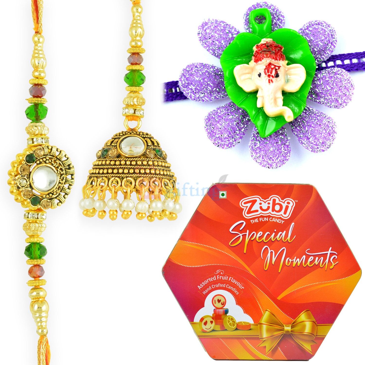 Zubi Special Moments Chocolate Box with Antique Pair and Kids Rakhi