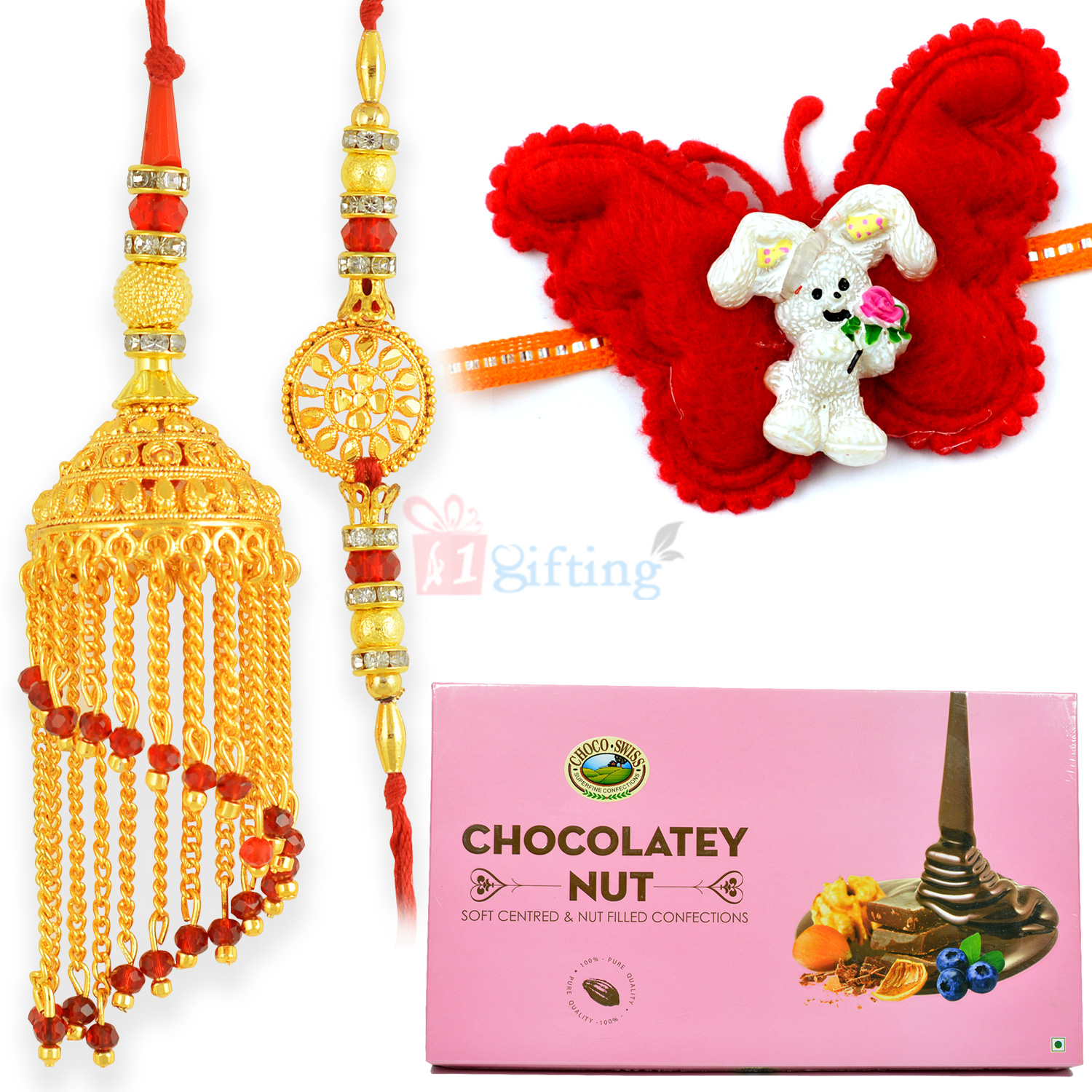 Chocolatey Nut with Golden Touch Pair and Kids Rakhi Hamper