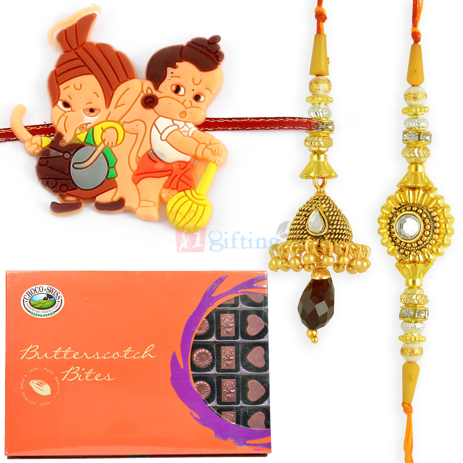 Butterscotch Bites Chocolate with Antique Pair and Kids Rakhi
