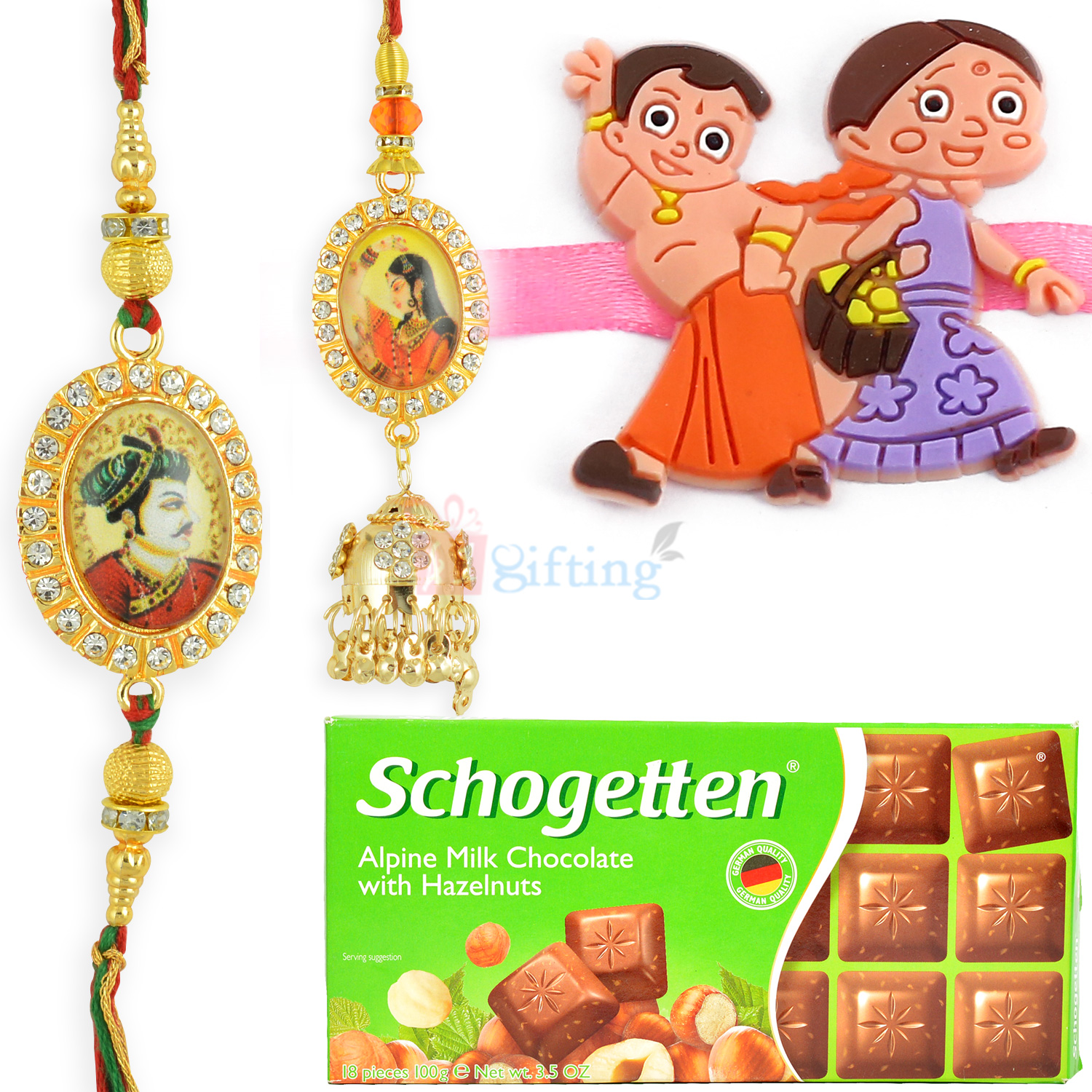 Schogetten Chocolate Box with Pair and Kids Rakhi Combo