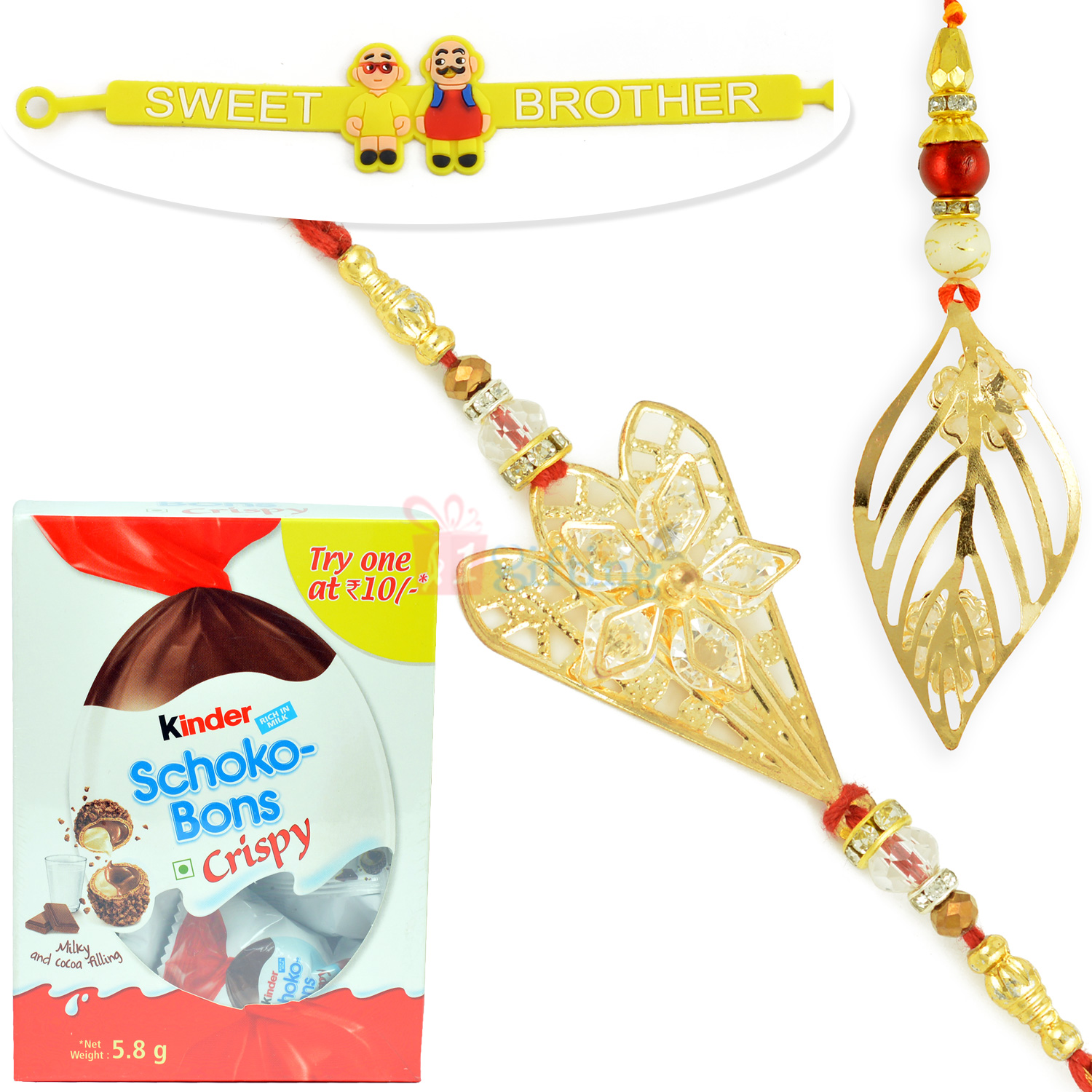 Leaf Golden Touch Pair and Kids Rakhi with Crispy Schokobons Chocolate
