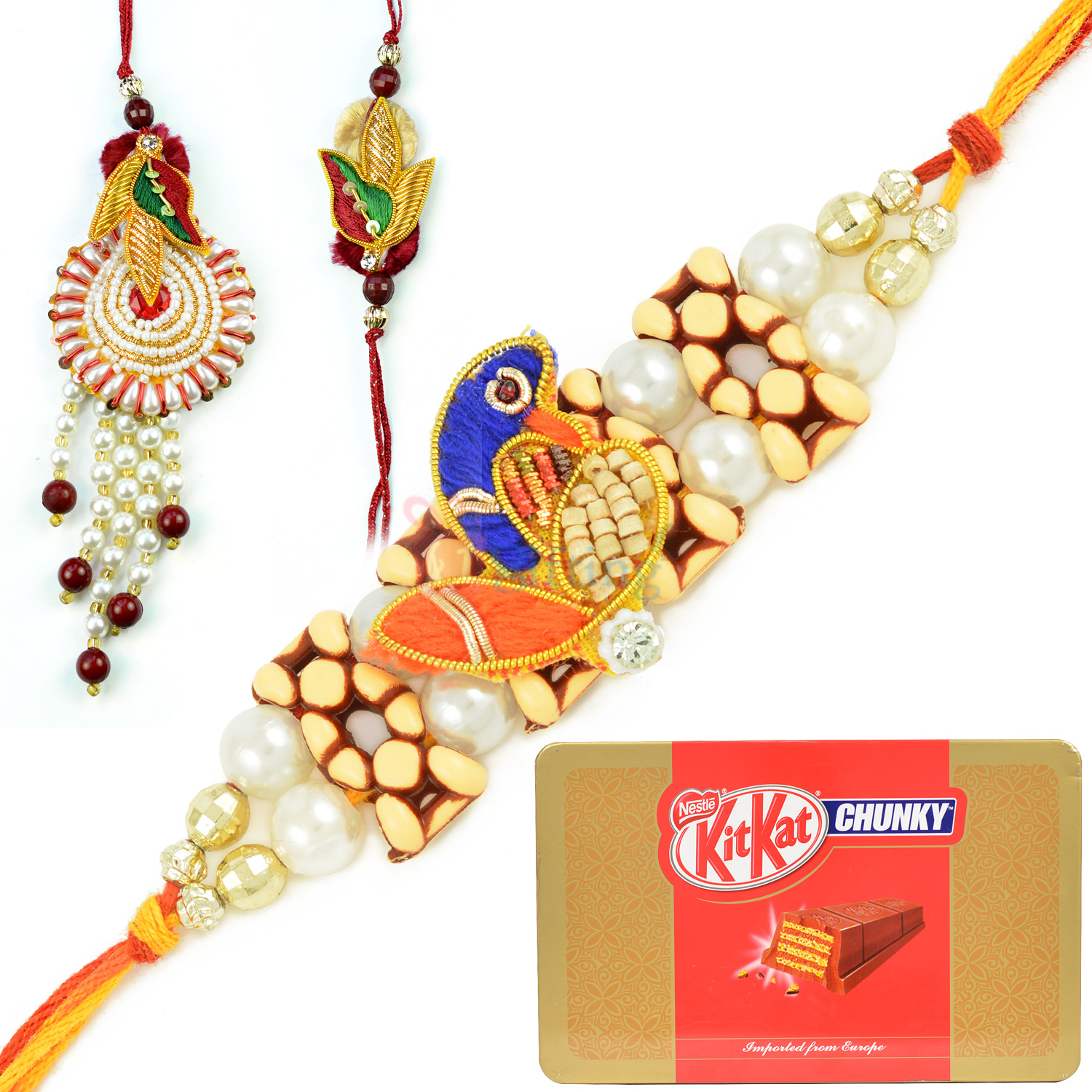 Kitkat Chunky Chocolate with Peacock Zari 3 Rakhi Set