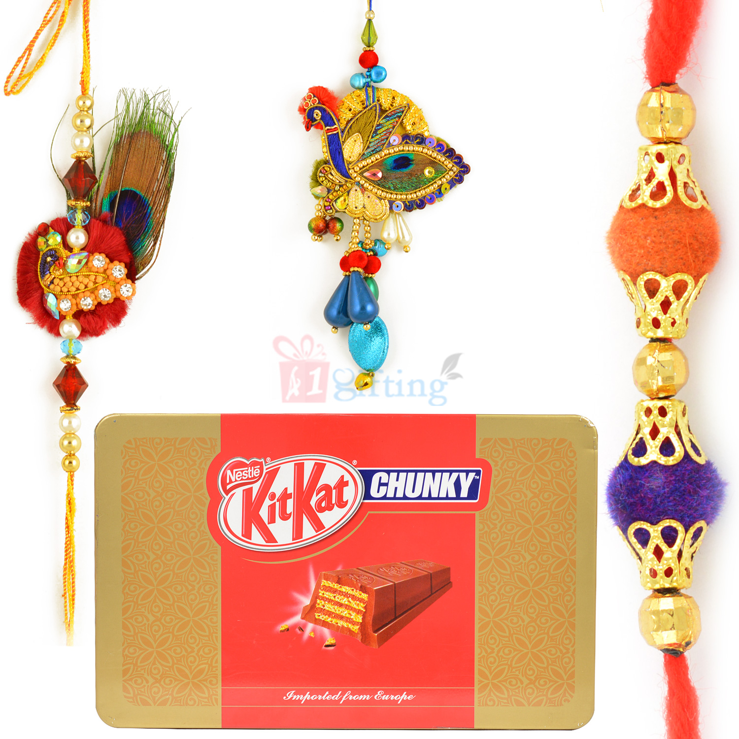 Kitkat Chunky Chocolate and Peacock Theme 3 Rakhi Set