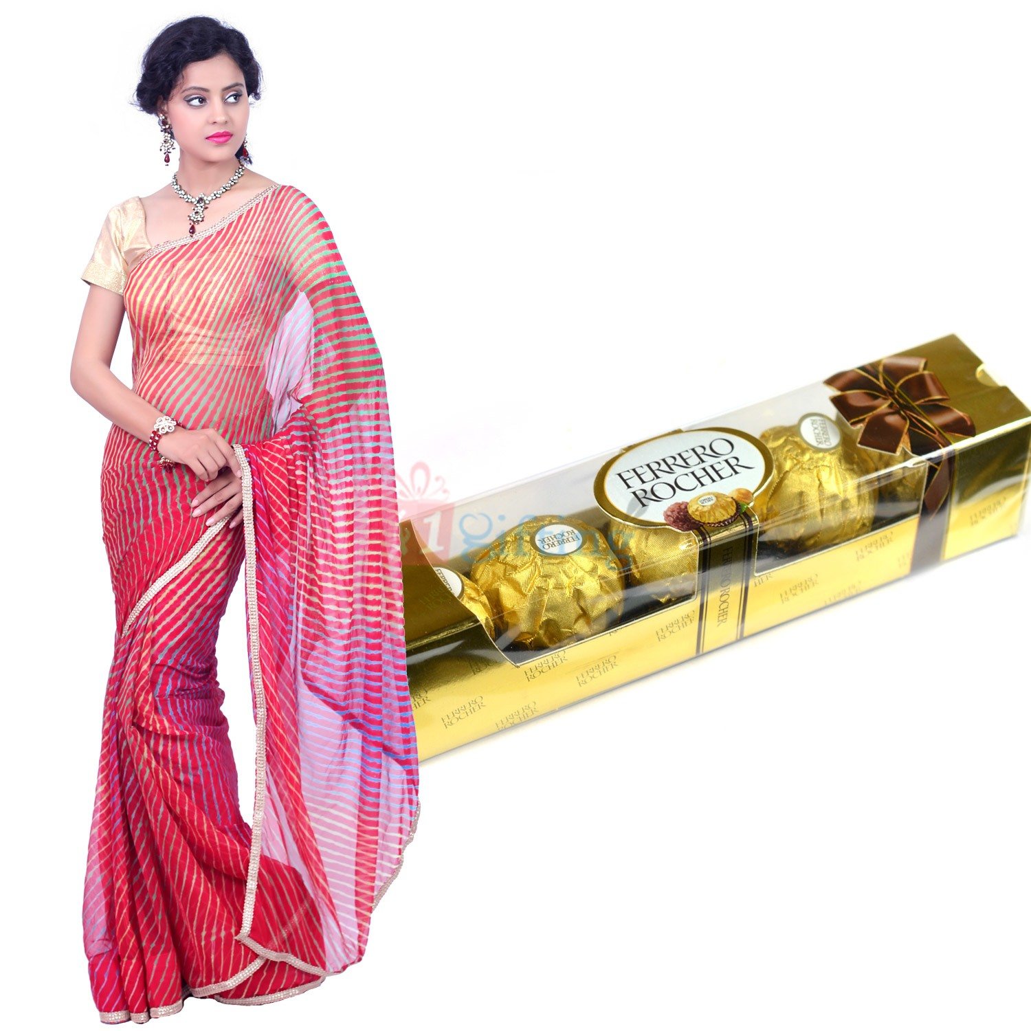 Lehariya Saree with Ferrero Rocher T4 Chocolate Rakhi Gift Combo
