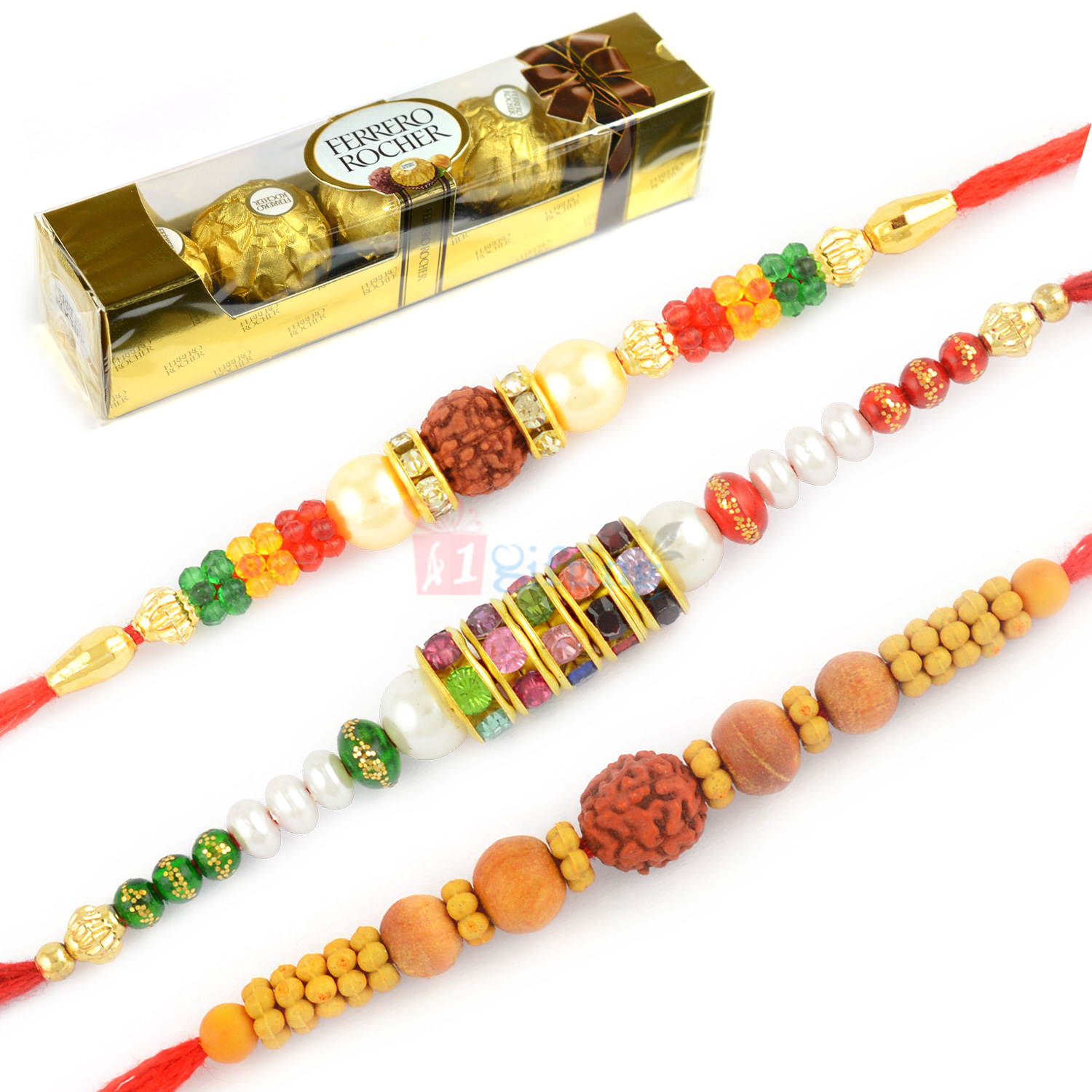 Rudraksha and Beads 3 Rakhis with T4 Ferrero Rocher Combo
