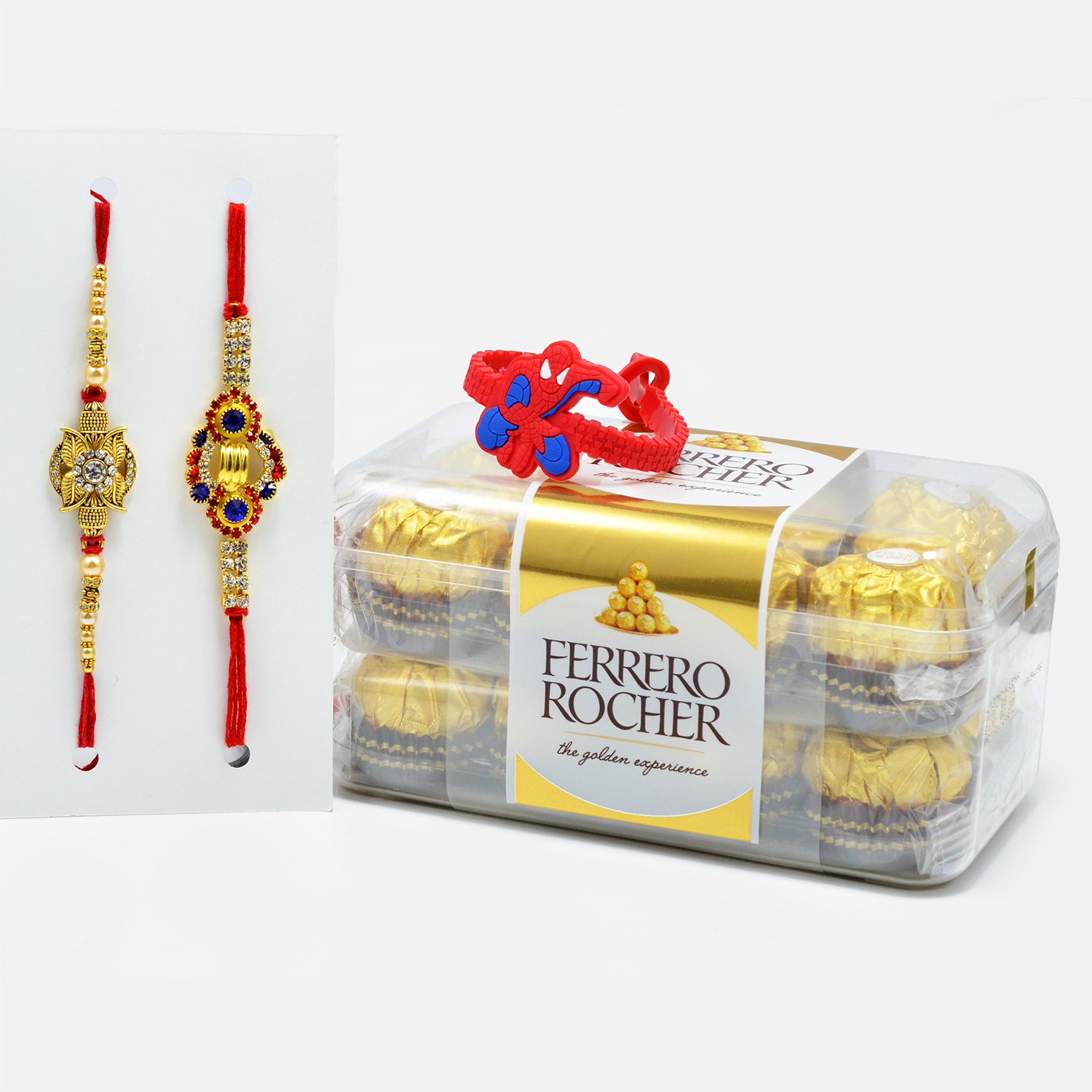 Italian made Ferrero Rocher Chocolate with Golden Rakhi Set of 2 and Spider-Man Kids Rakhi
