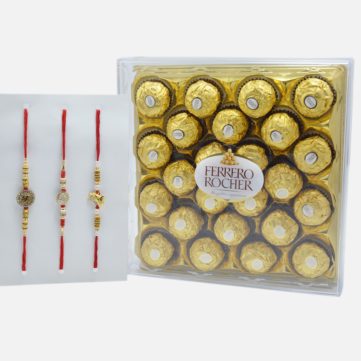 Auspicious Rakhi Set of 3 with 24 pcs Tempting Ferrero Rocher