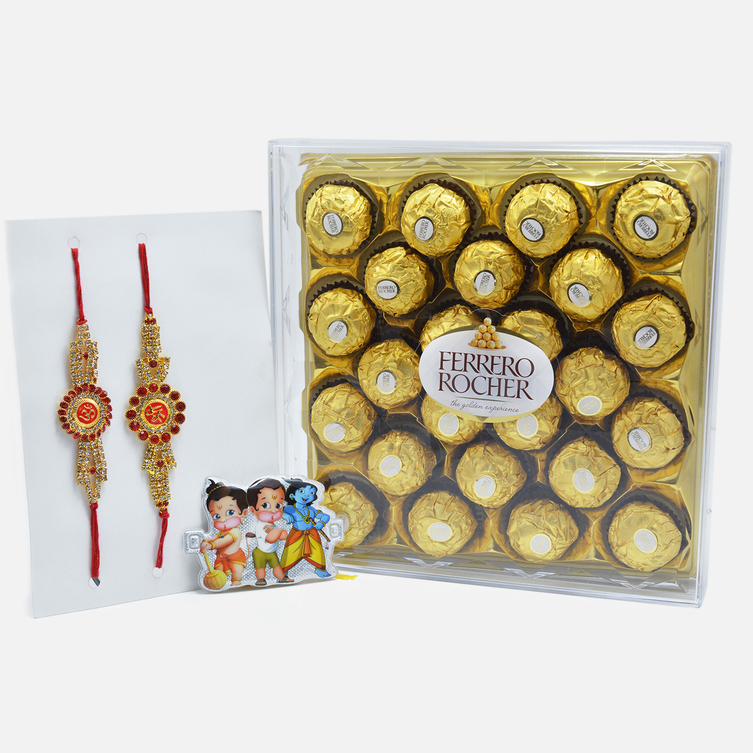 Ruby Studded Rakhi set with Bal Hanuman Kids Rakhi and Delicious Golden Ferrero Rocher (24 pcs)