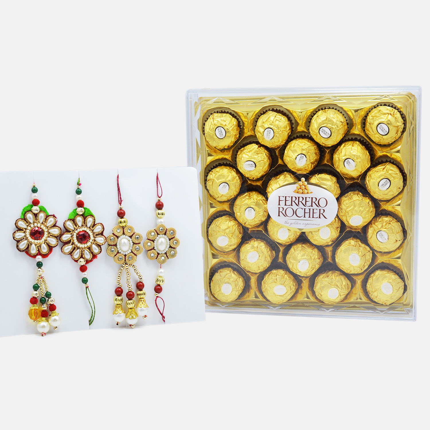 Designer Zardozi Rakhi Pair of 2 for Bhaiya-Bhabhi with Authentic Ferrero Rocher (24 pcs)