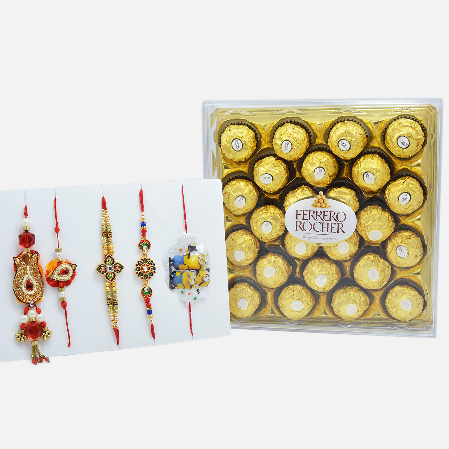 Italian Ferrero Rocher (24 pcs) with Elegant Bhaiya-Bhabhi Rakhi and Rakhi Set of 3