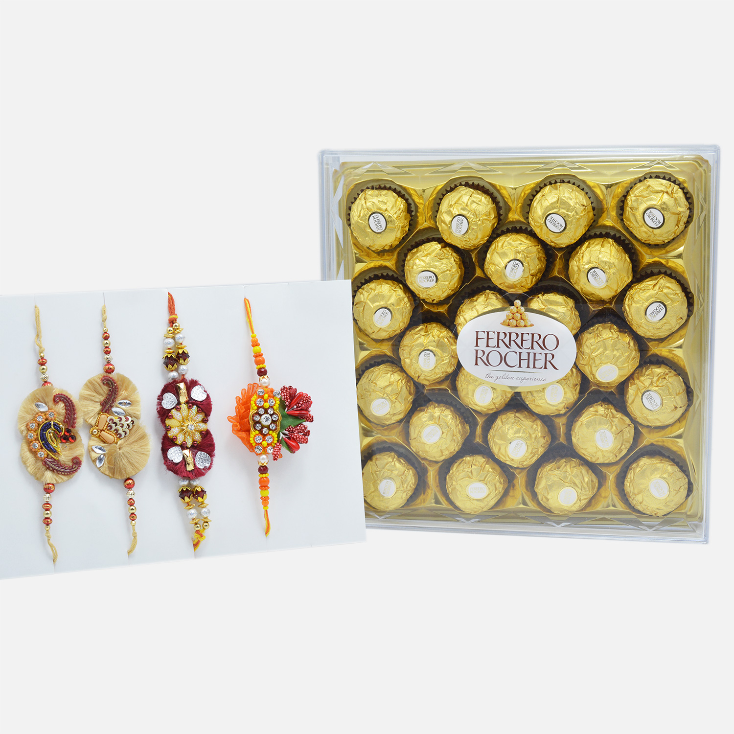 Tradition Zardozi Rakhi Set of 4 with Ferrero Rocher (24 pcs)