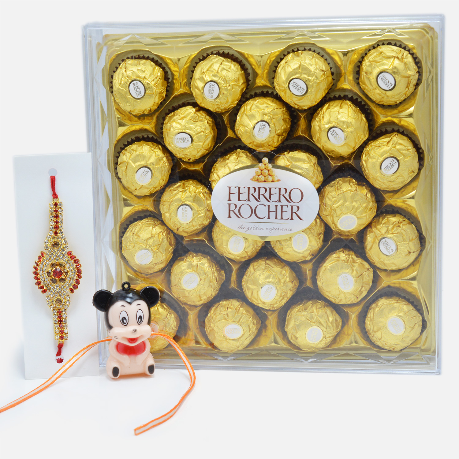 Diamonds Everywhere and Baby Mickey Mouse Rakhi Set with Delicious Ferrero Rocher (24 pcs)
