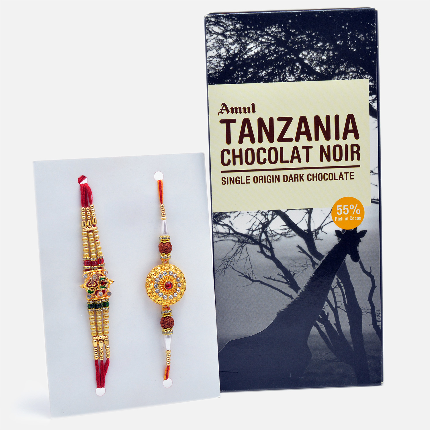 Golden Rakhi Set of 2 with Amul Tanzania Chocolat Noir Single Origin Dark Chocolate