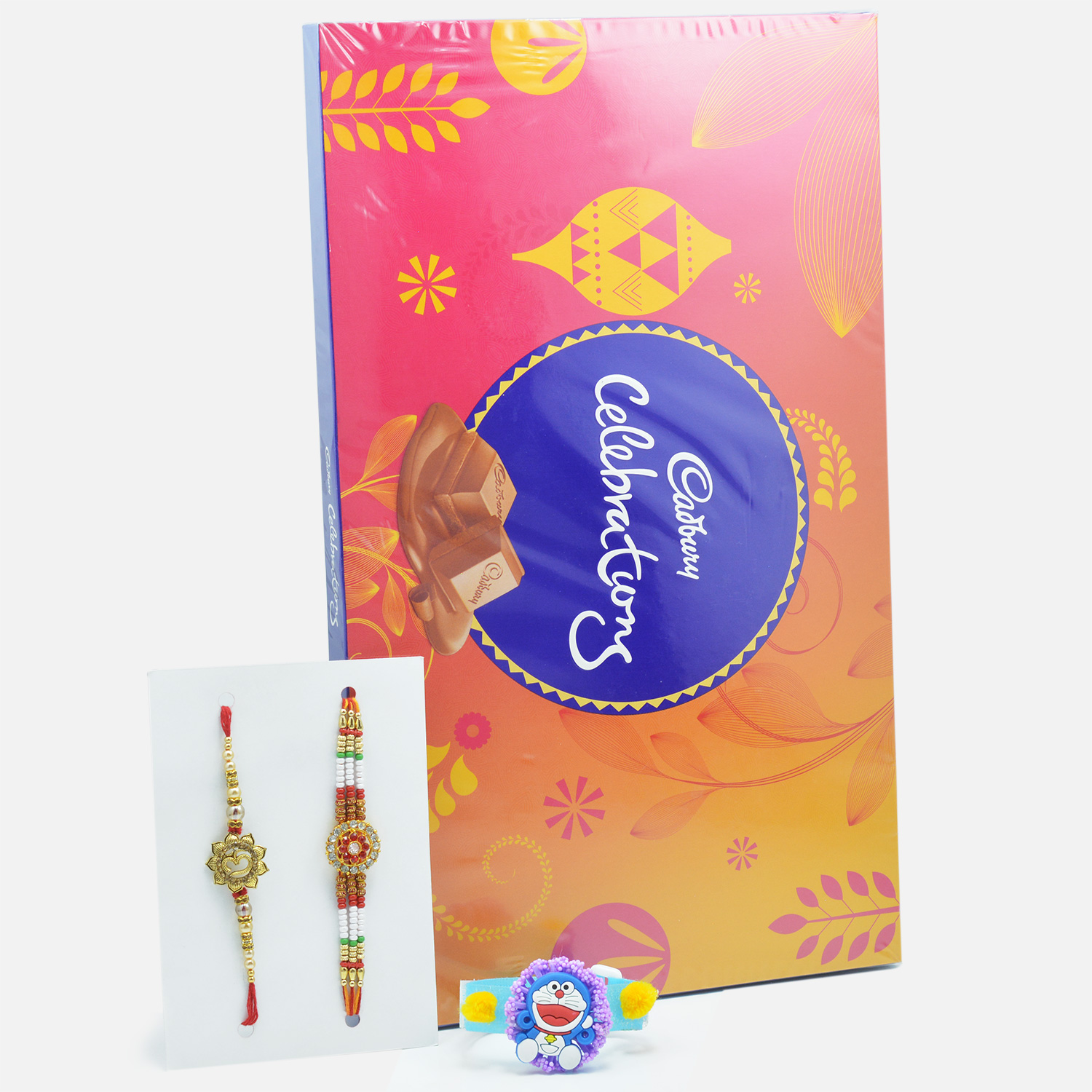 Golden OM and Beads Rakhi Set with Doraemon Kids Rakhi and Tempting Cadbury Celebration
