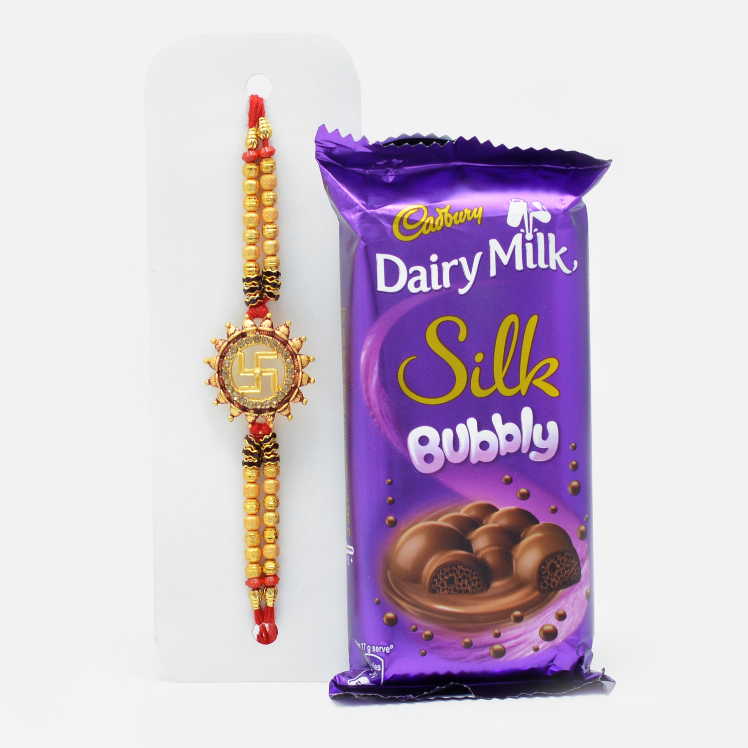 Auspicious Swastik Rakhi with Cadbury Dairy Milk Silk Bubbly