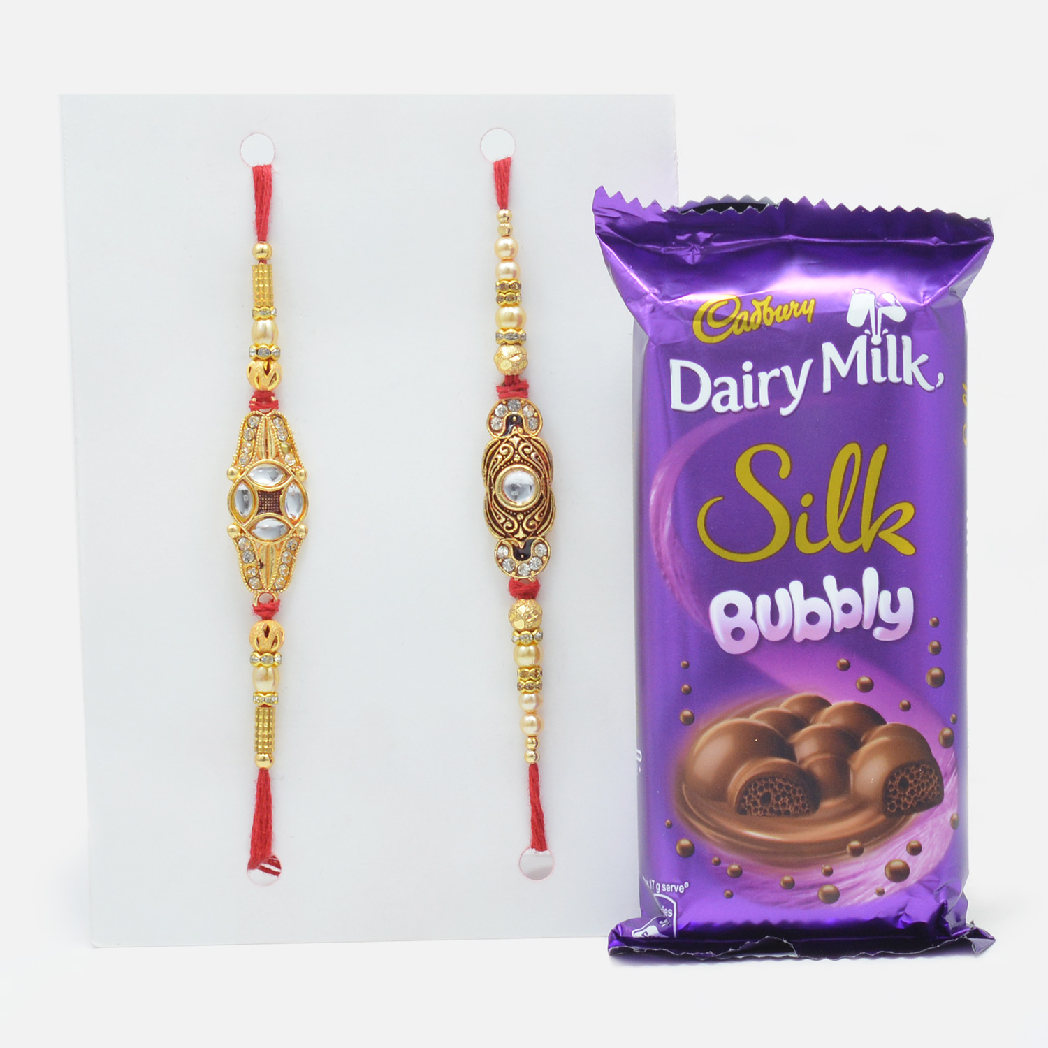 Designer Akora Pearl Rakhi Set of 2 with Delicious Cadbury Dairy Milk Silk Bubbly