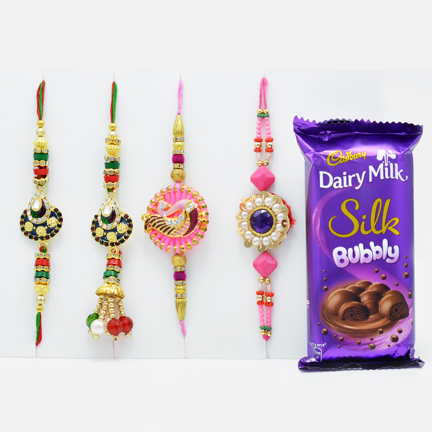 Colourful Rakhi Set of 4 with Mouth-Watering Cadbury Dairy Milk Silk Bubbly