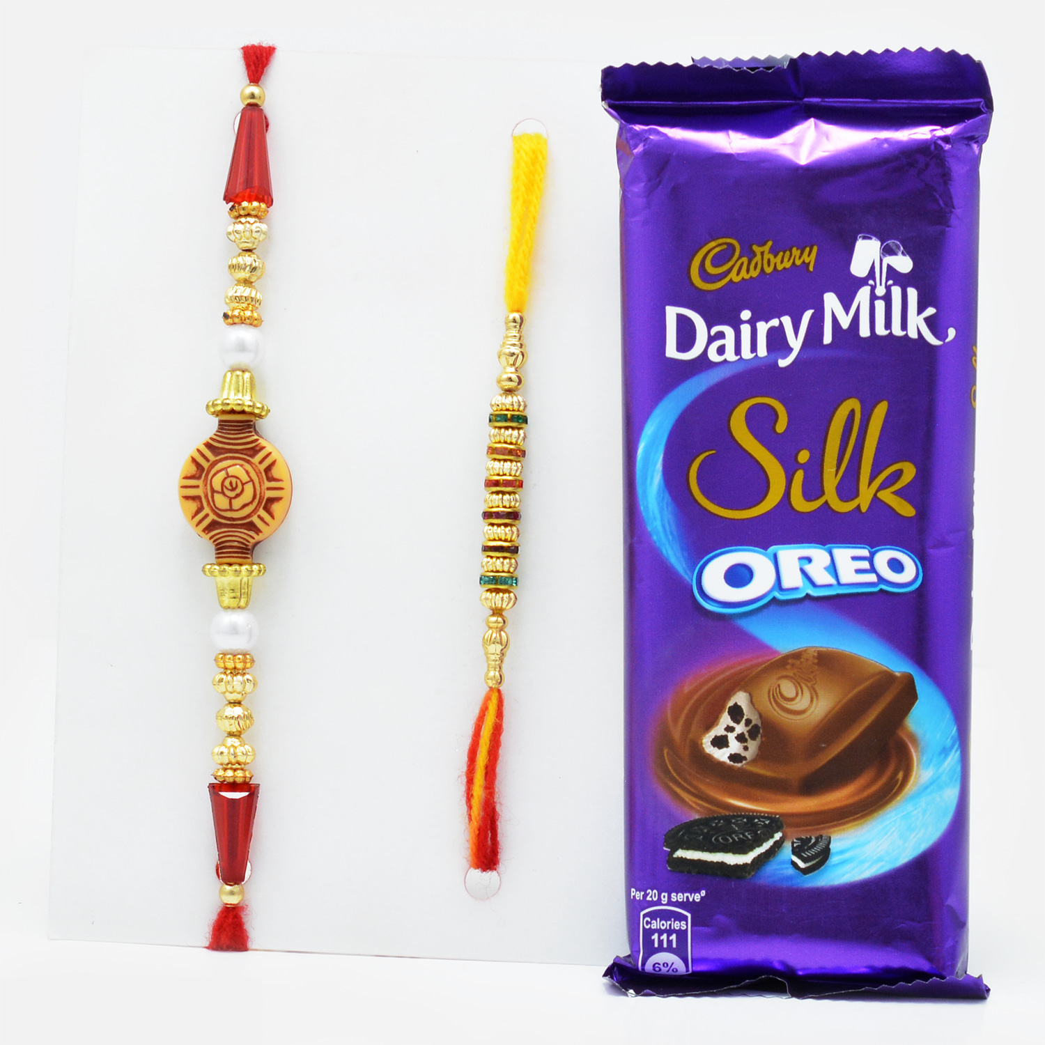 Tempting Cadbury Dairy Milk Silk Oreo with Simple Rakhi Set of 2