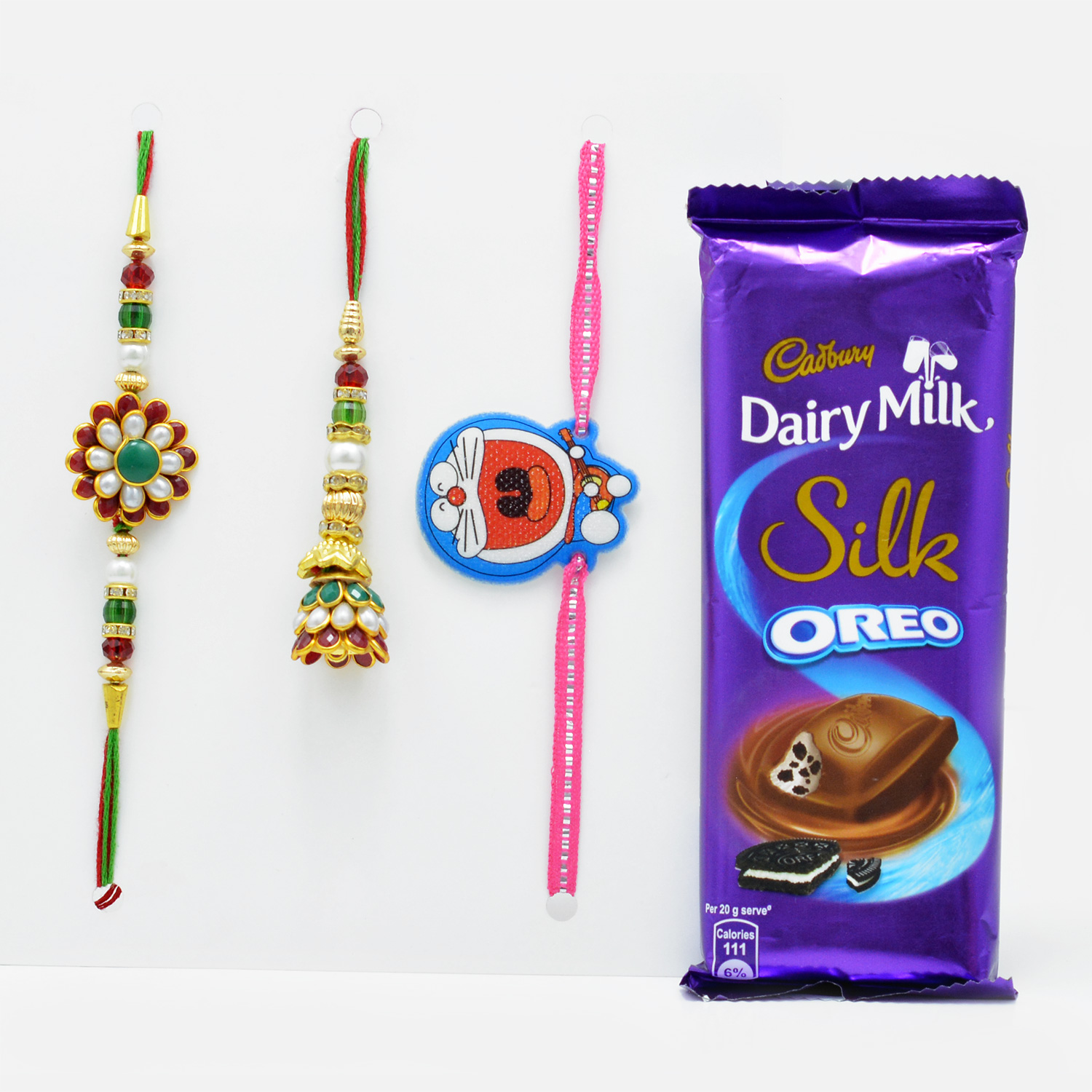 Elegant Rakhi Set of 3 for Family with Premium Cadbury Dairy Milk Silk Oreo