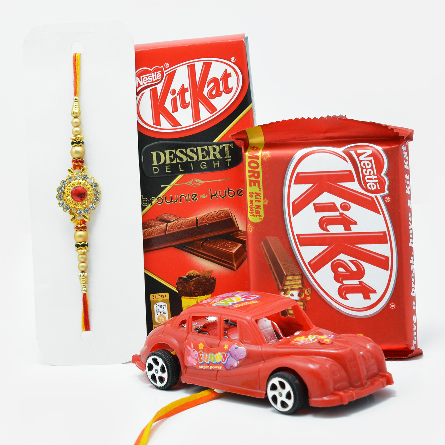 Car Kids Rakhi and Golden Bhaiya Rakhi Set of 2 with Kit-Kat Chocolates