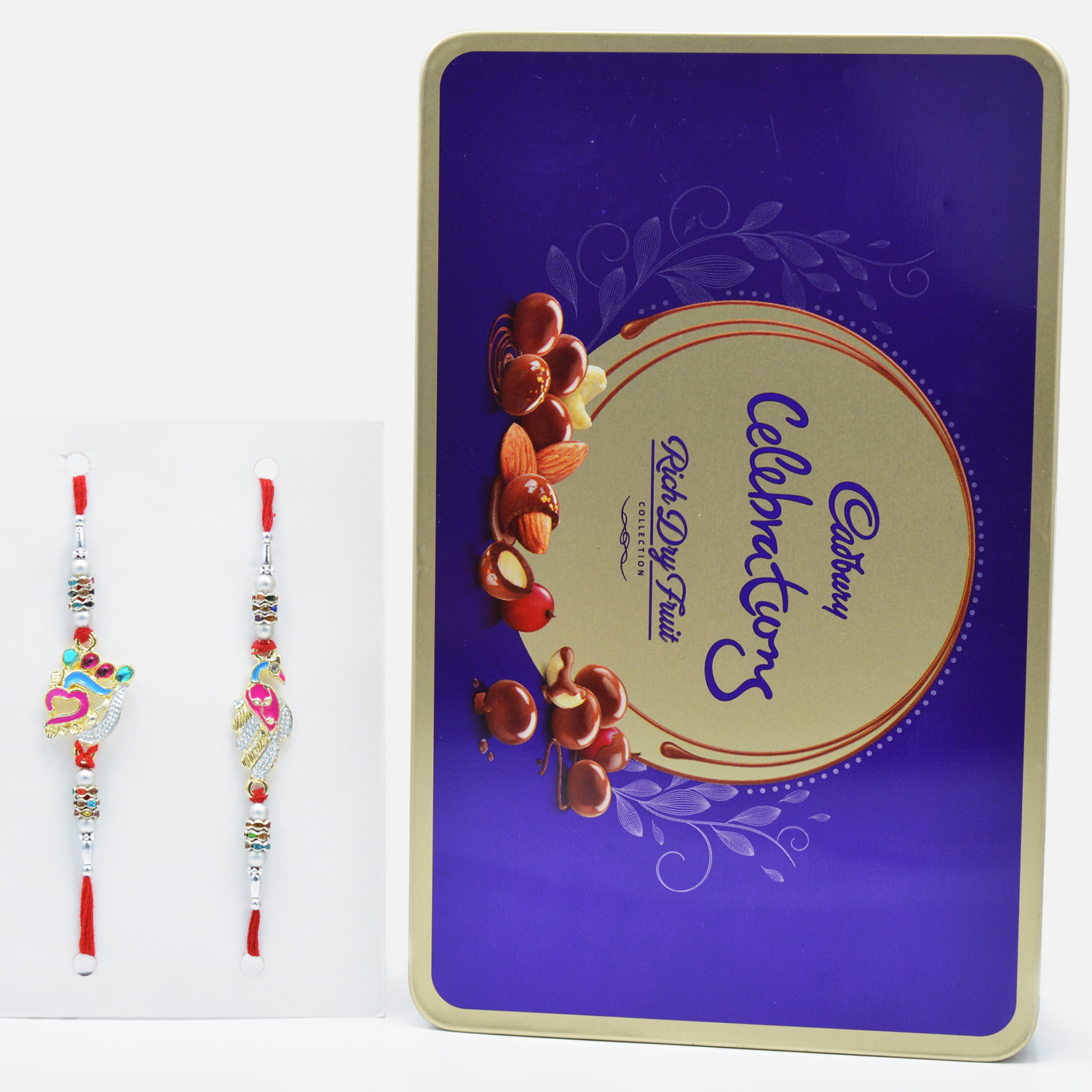 Om and Maurya Rakhi Set of 2 with Cadbury Celebration Rich Dry Fruit Chocolate Collection
