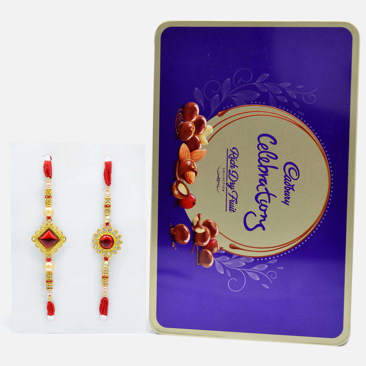 Amazing Gold and Diamonds Rakhi Set of 2 with Cadbury Celebration Rich Dry Fruit Chocolate Collection