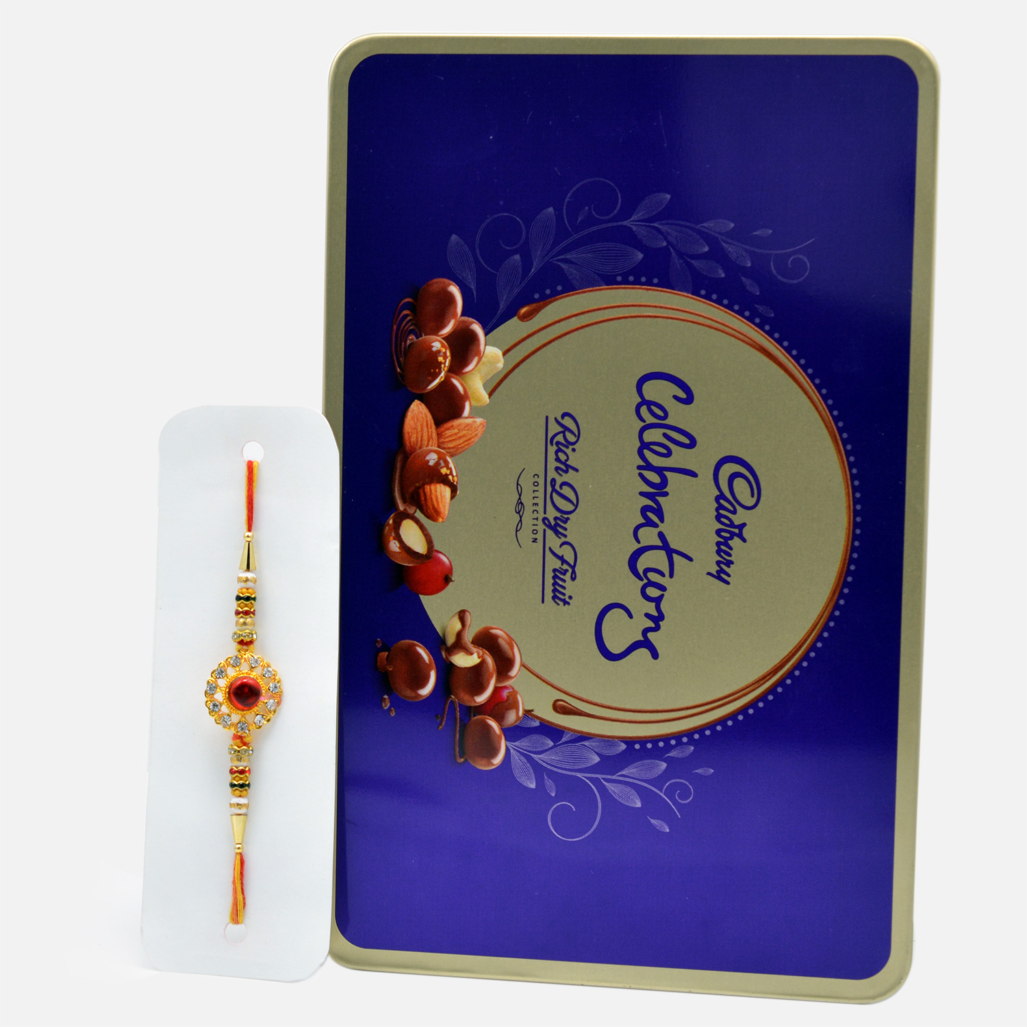 Red Kundan Rakhi with Amazing Cadbury Celebration Rich Dry Fruit Chocolate Collection