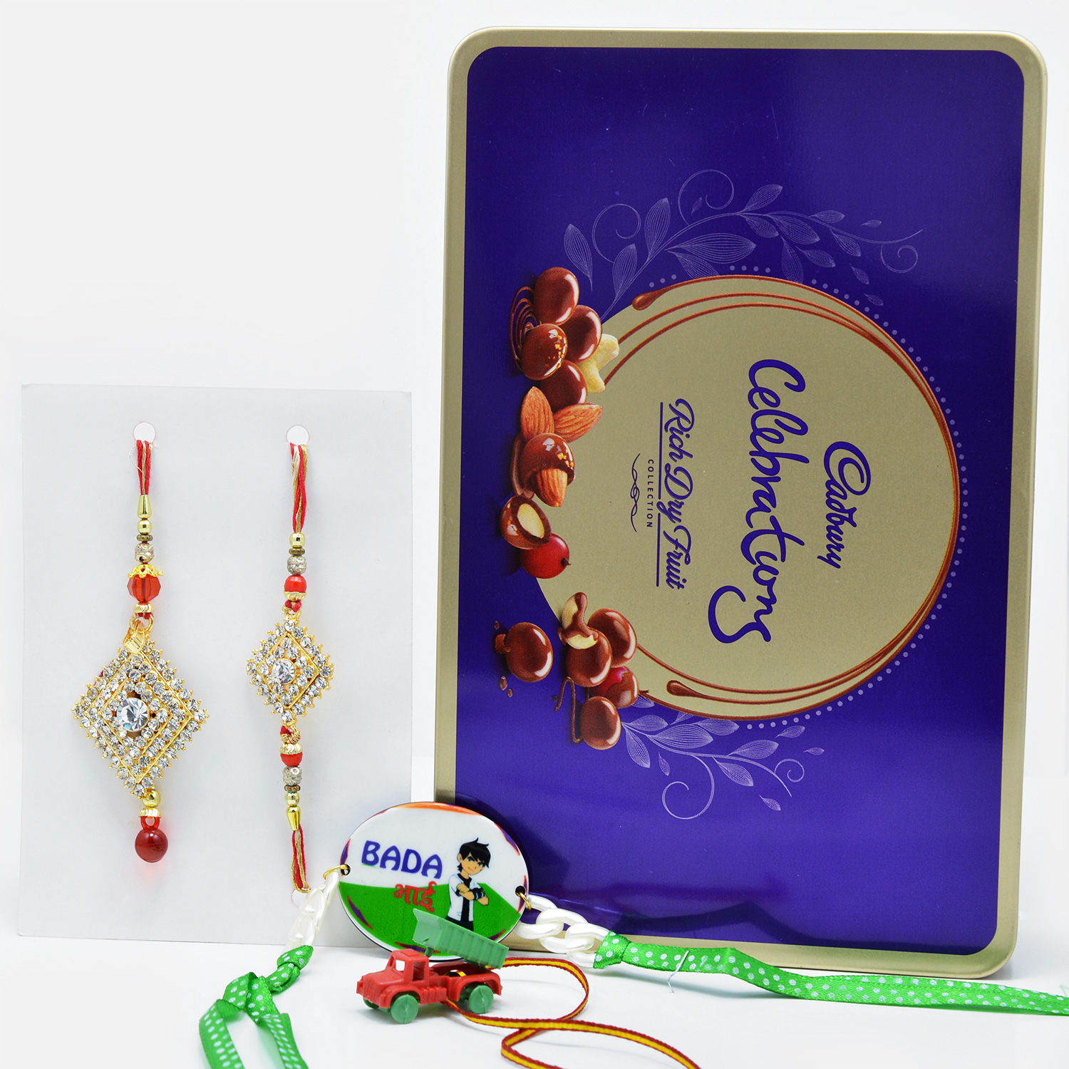 Diamond Studded Rakhi Set For Bhaiya-Bhabhi and Pair of Kids Rakhi with Cadbury Celebration Rich Dry Fruit Chocolate Collection