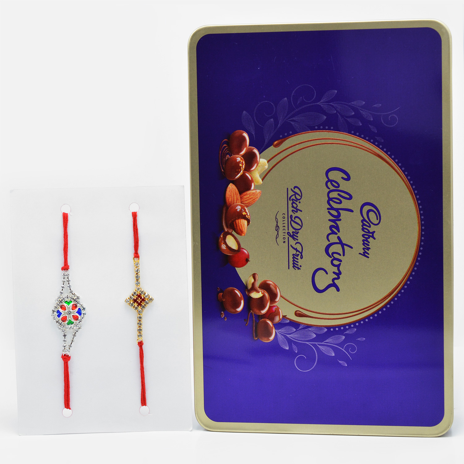Diamonds Everywhere Rakhi Set of 2 with Cadbury Celebration Rich Dry Fruit Chocolate Collection