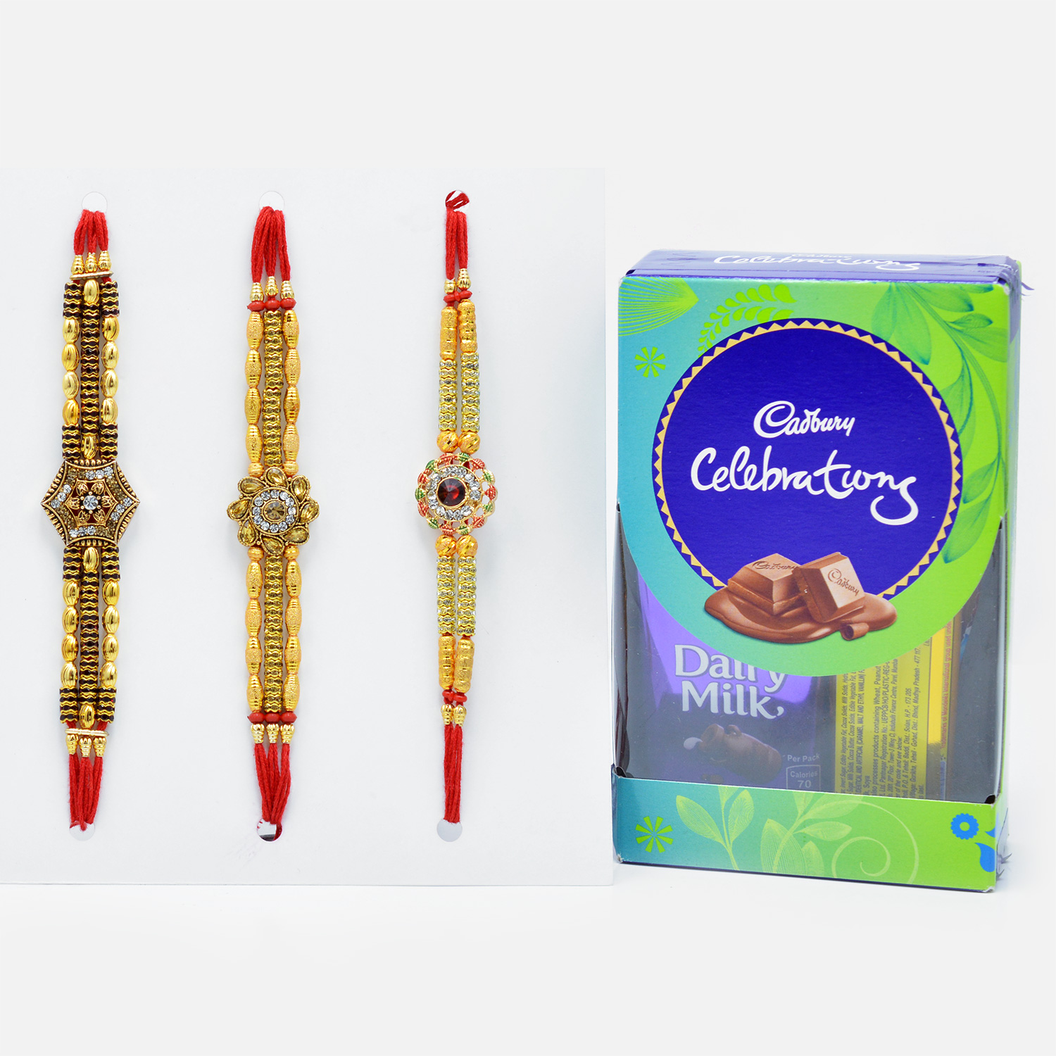 Lustrous Golden Rakhi Set of 3 with Tempting Cadbury Celebration