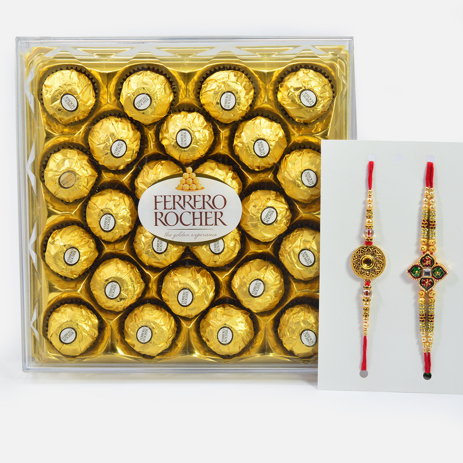 Meenakari Work Kundan Studded Two Brother Rakhis with Ferrero Rocher Big Pack Chocolate