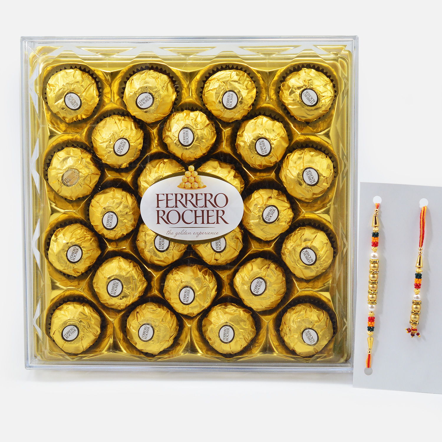 Golden Beads Design Bhaiya Bhabhi Rakhis with Ferrero Rocher 24 Pc Chocolate