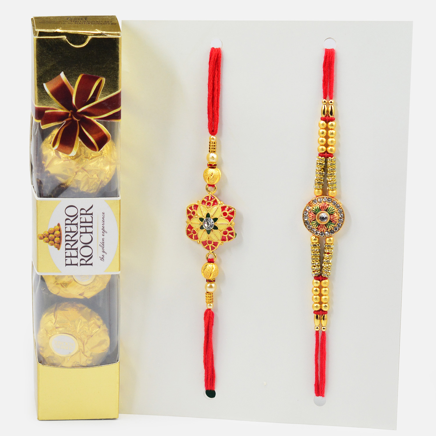 Ferrero Rocher Chocolate Pack of 4 with Set of 2 Brother Golden Color Rakhis