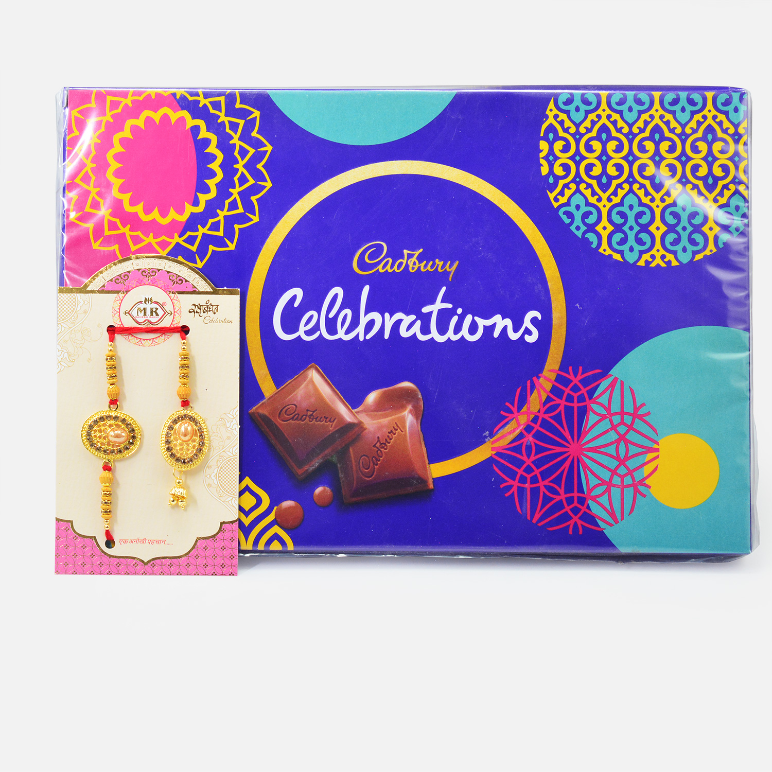Rakhi with Chocolate Golden Pearl Studded Pair of Bhaiya Bhabhi Rakhis with Cadbury Celebration Small Chocolate Pack