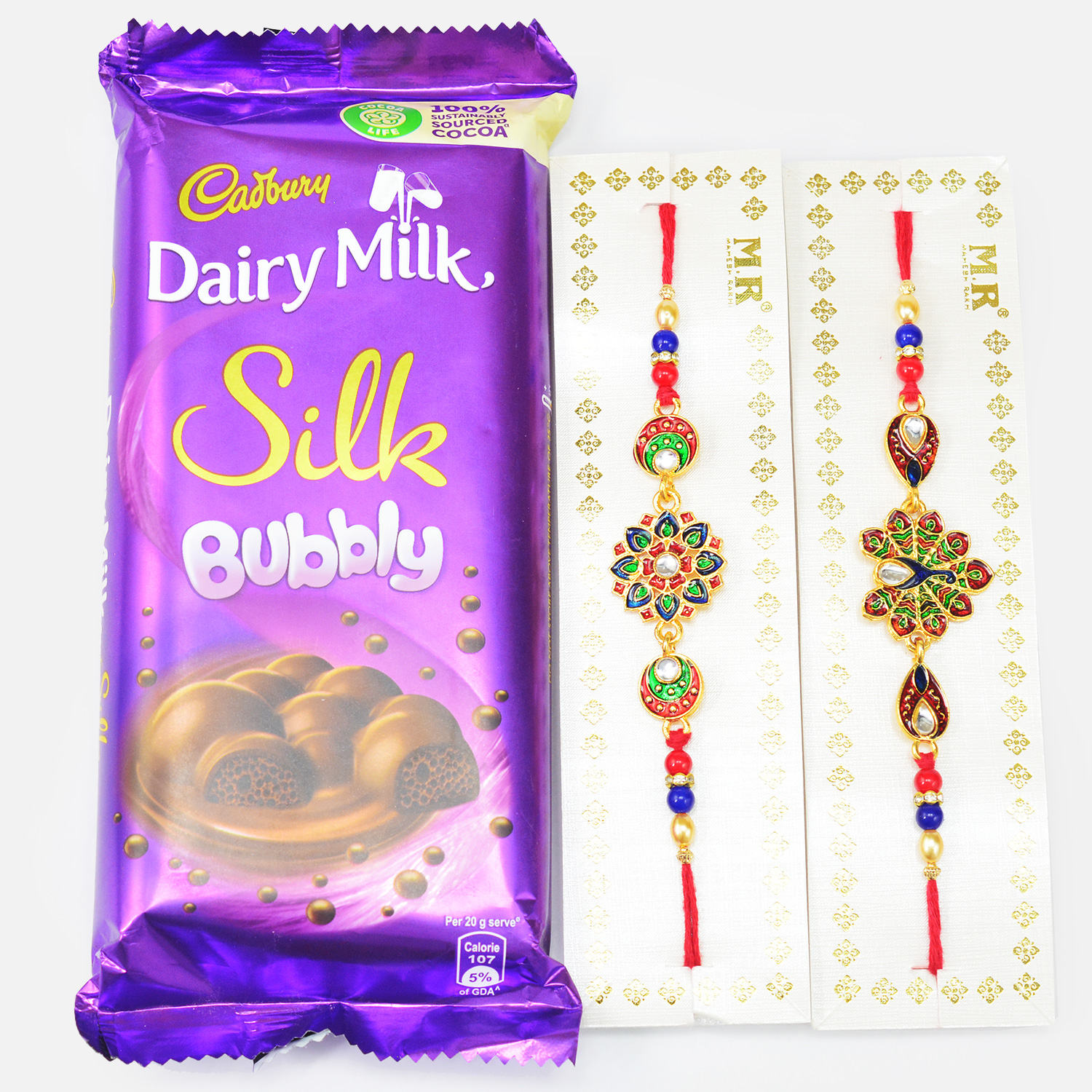 Dairy Milk Silk Bubbly Chocolate with Meenakari Work Two Brother Rakhis