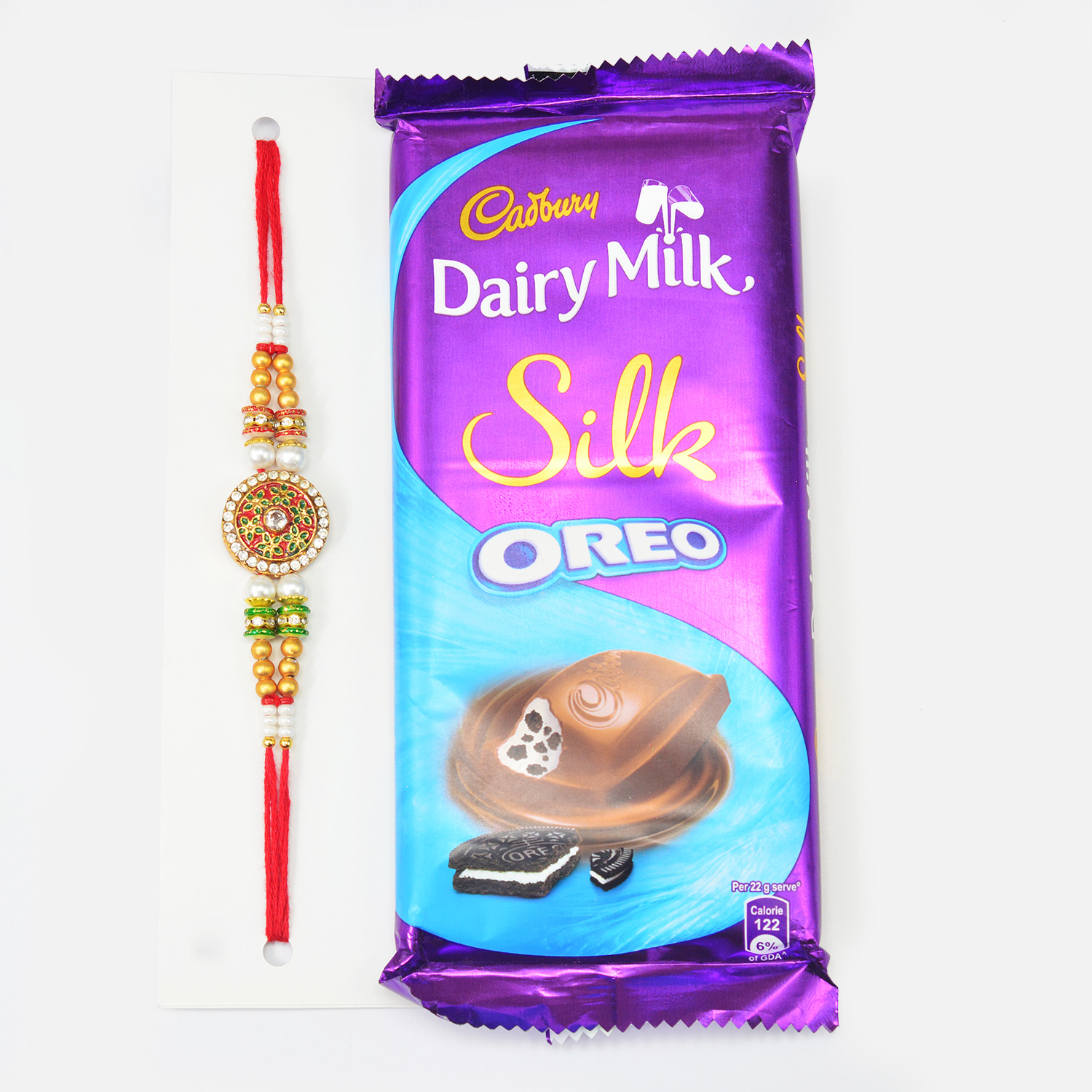 Cadbury Dairy Milk Silk Oreo Chocolate with Meenakari Work Pear Rakhi 