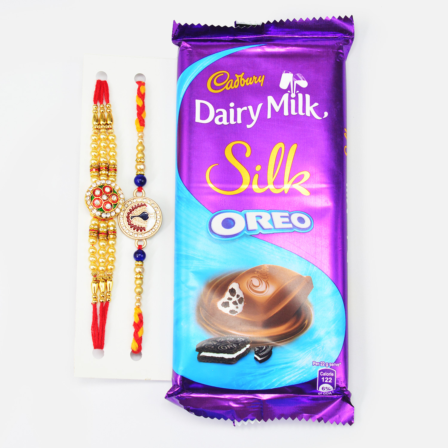 Silk Oreo Chocolate Pack with Meena Work and Pearl Brother Rakhis