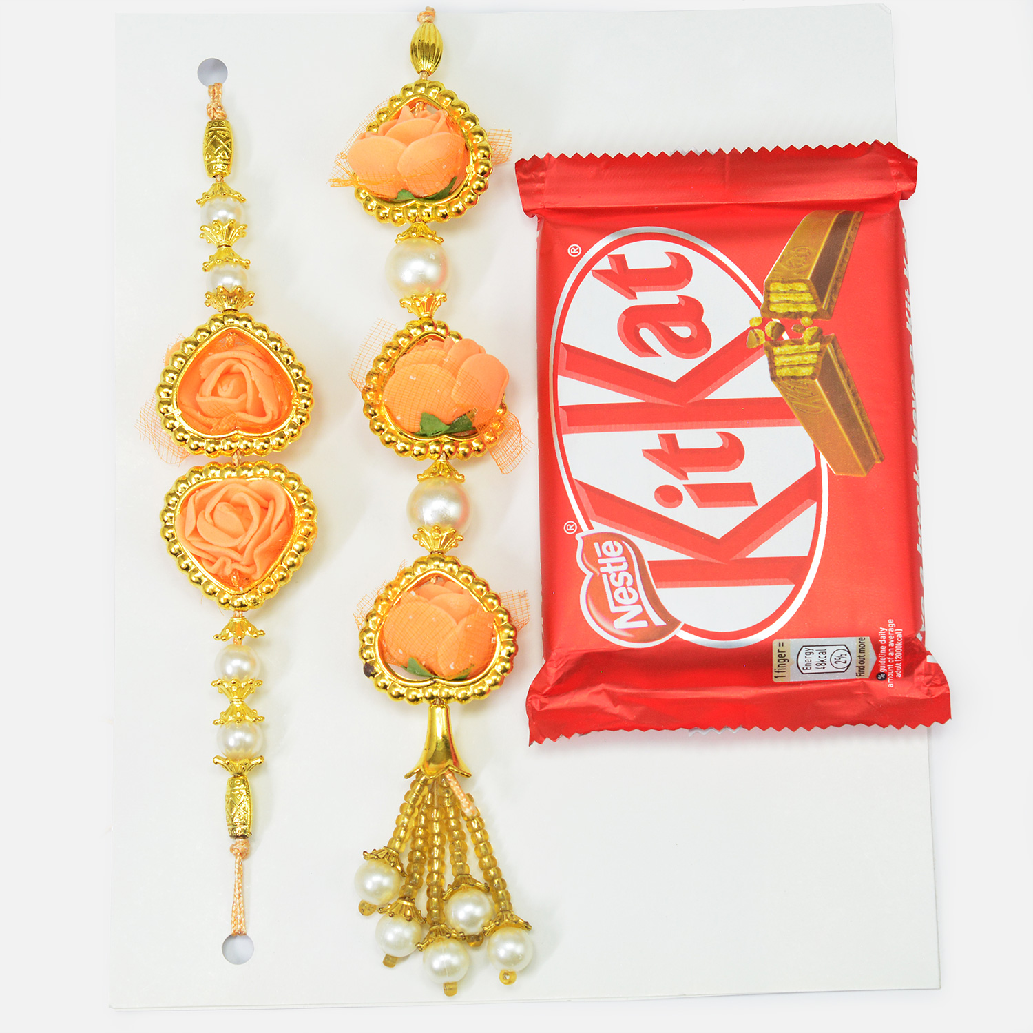 Orange Color Bhai Bhabhi Rakhi Set with Kitkat Chocolate Pack