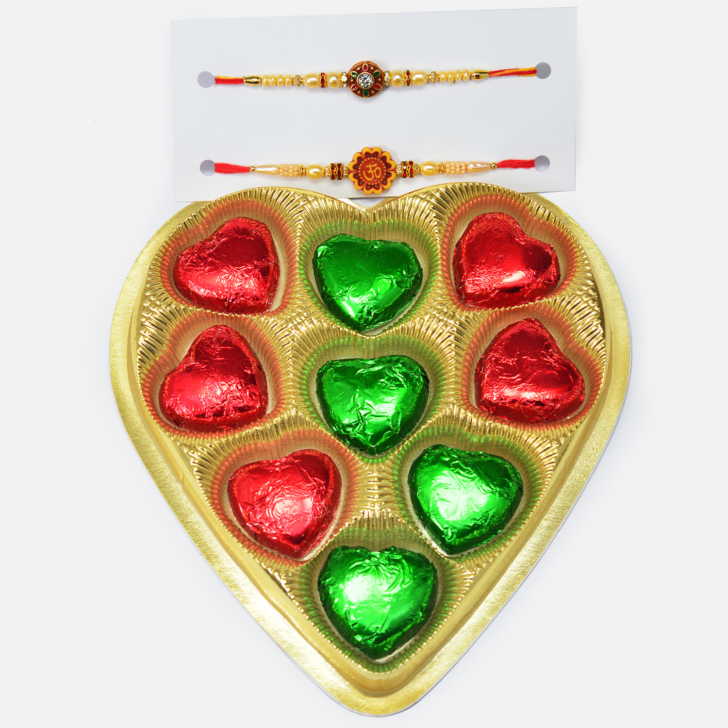 Two Rakhis for Brother with Delicious Heart Shape Handmade 9 Pc Chocolate