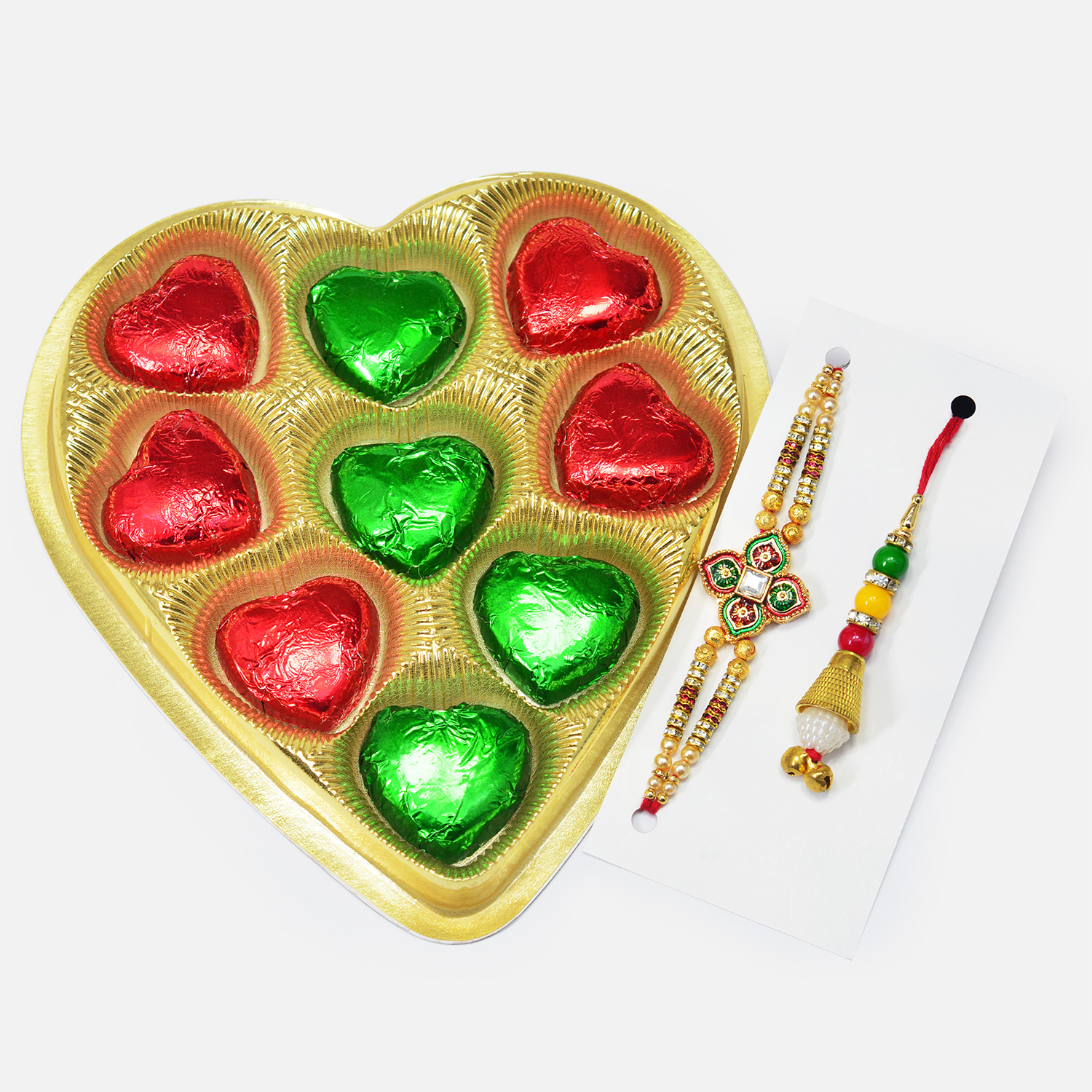 Bhaiya Bhabhi Rakhis Set with Heart Shape Handmade Chocolate