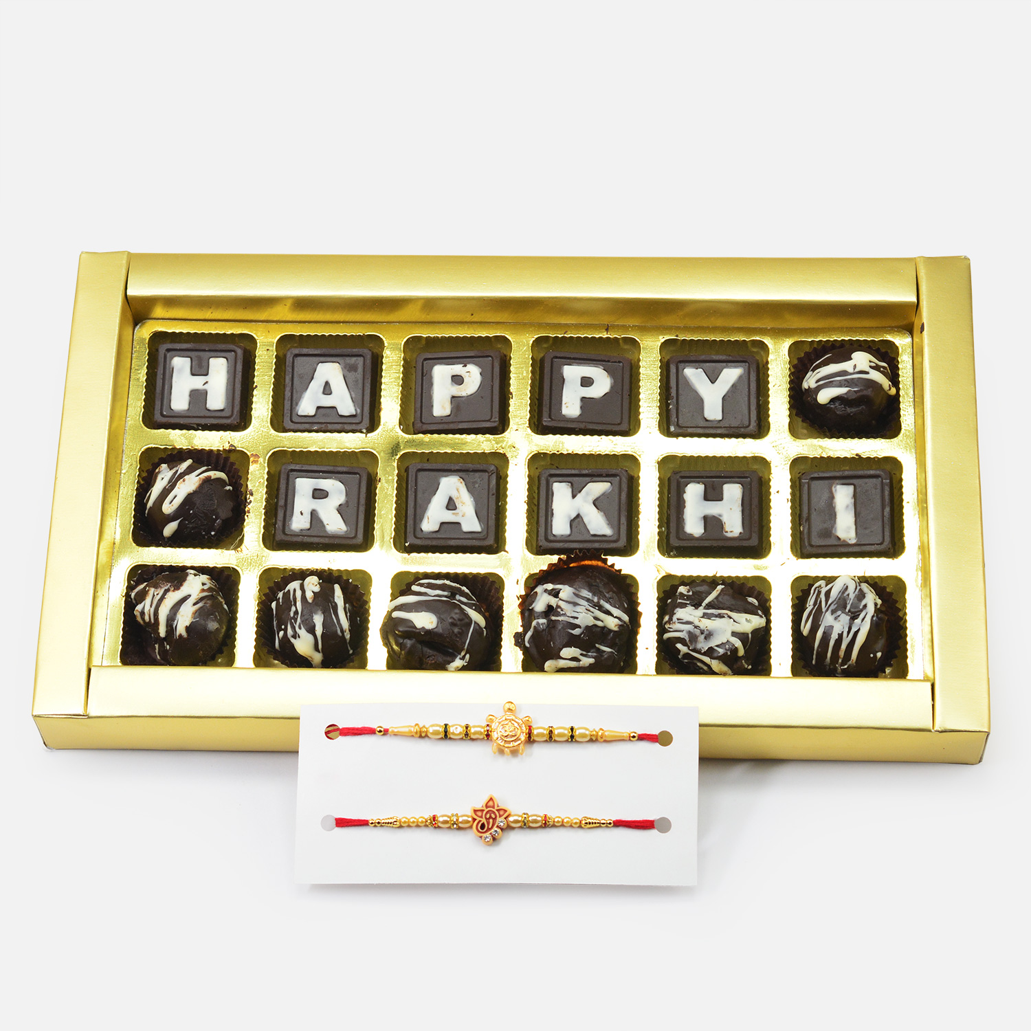 Rakhi Special Chocolate of Happy Rakhi with Two Rakhis of Ganesha for Brothers