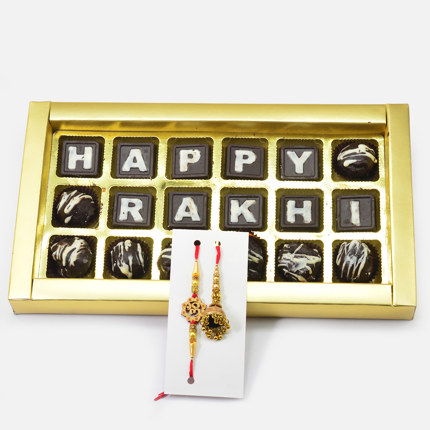 Om Bhaiya and Beads Bhabhi Rakhi with Happy Rakhi Special Handmade Chocolate