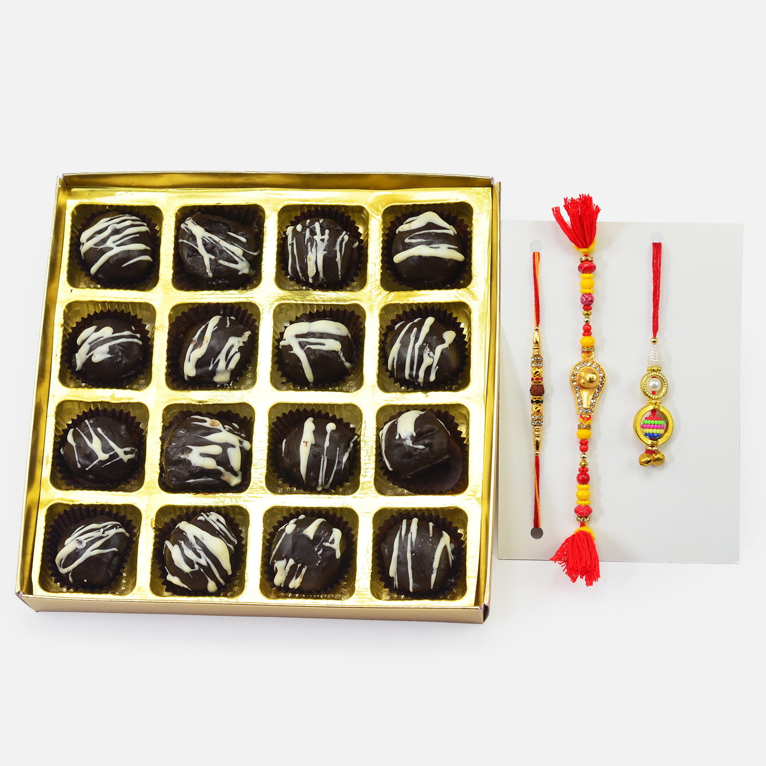 Divine Two Brother Rakhis with One Lumba Rakhi and Handmade Delicious Laddu Chocolate