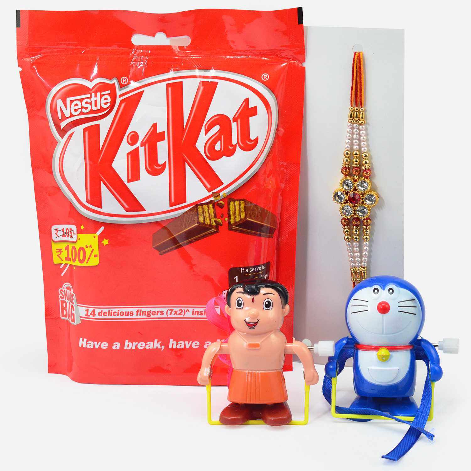 Two Toy Kids Rakhis with Jewel Brother Rakhis and Kitkat Chocolate Hamper Pack