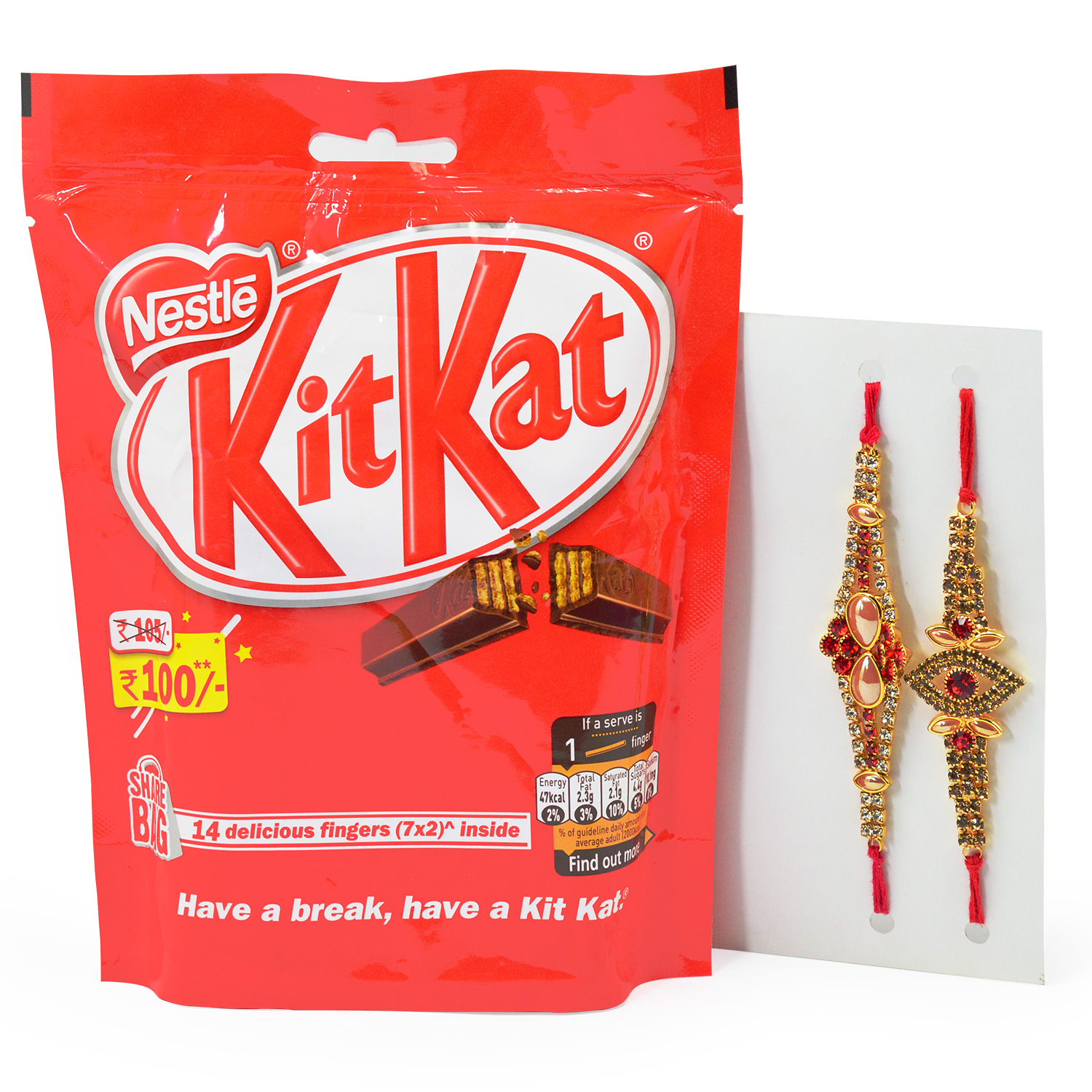 Jewel Studded Rakhis for Brother with Kitkat Nestle Brand Chocolates Pack