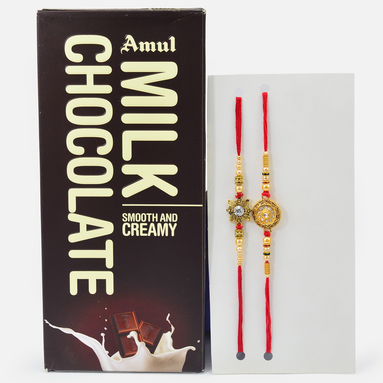 Amazing Looking Pearl and Beads Rakhis with Amul Milk Chocolate Pack