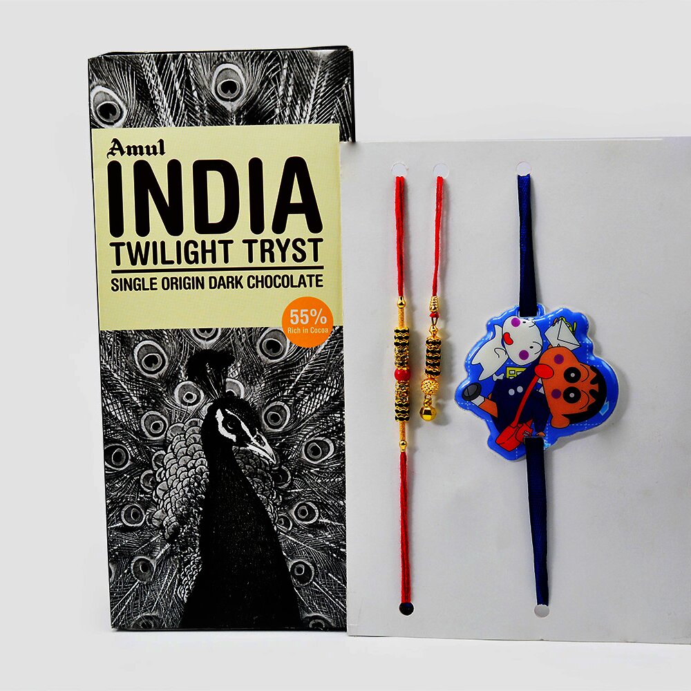 Meena work Design Bhai Bhabhi Rakhi with Kid Rakhi and Amul Indian Twilight Tryst Chocolate Pack 