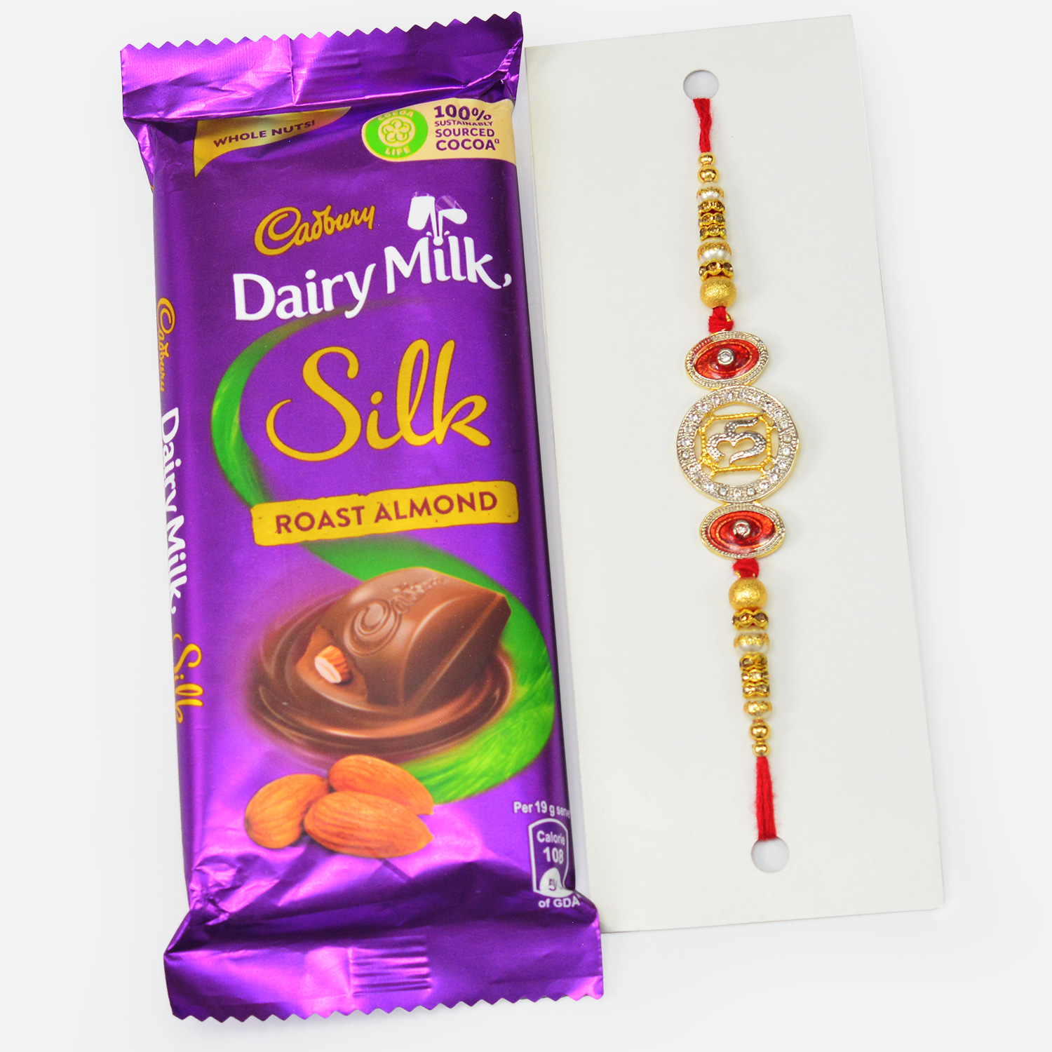 Dairy Milk Roast Almond Chocolate with Silver Om Divine Brother Rakhi 