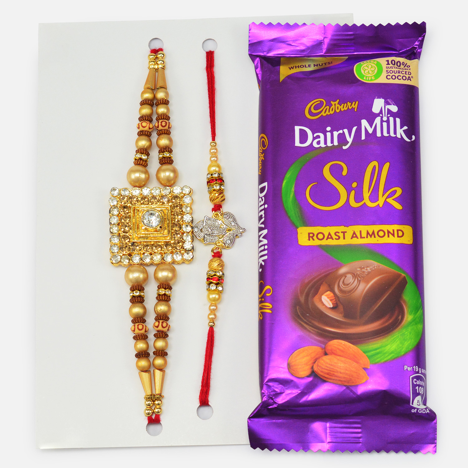 Sacred and Beads Rakhi Set with Dairy Milk Roast Almond Chocolate