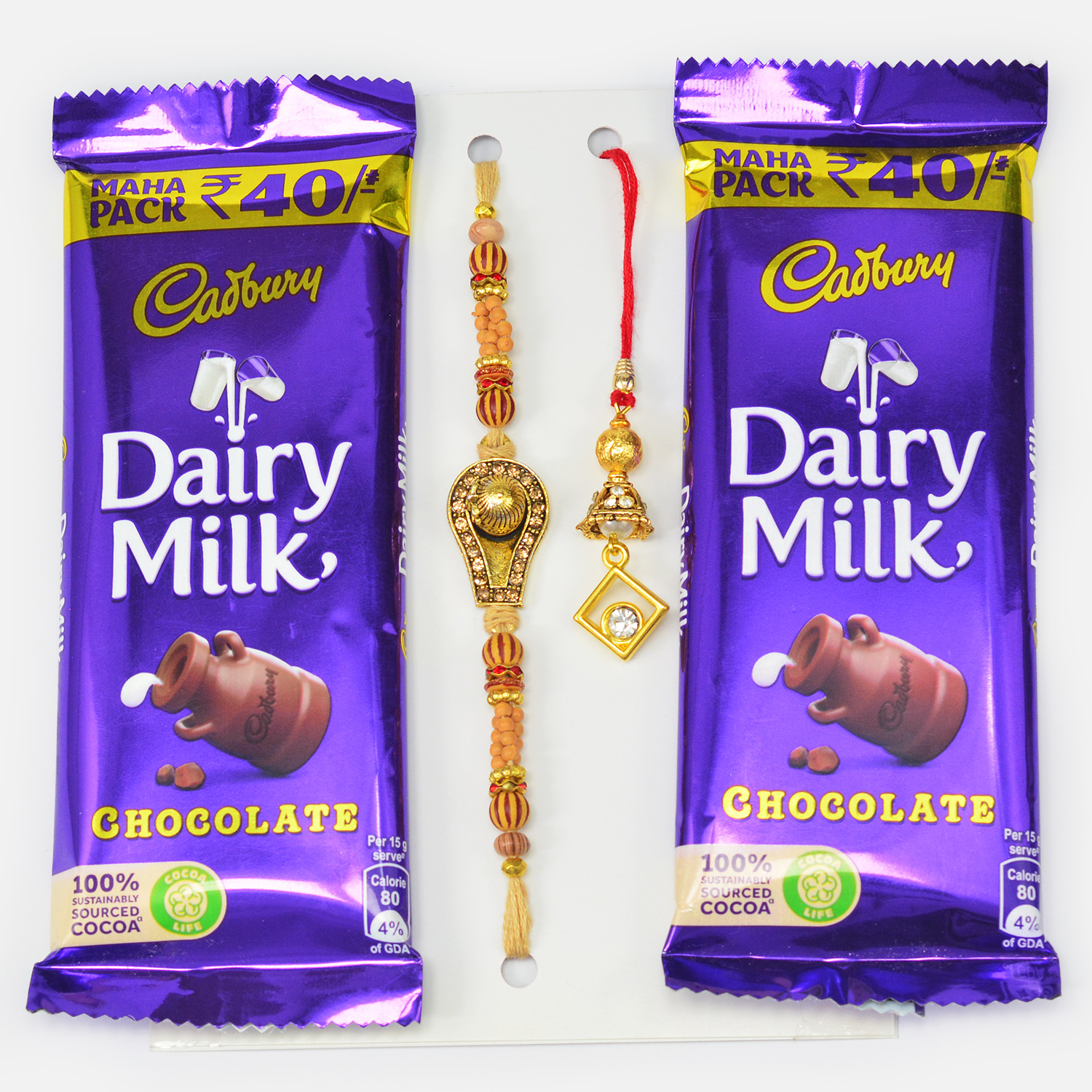 Two Small Dairy Milk Chocolates with Golden Pair of Couple Rakhis